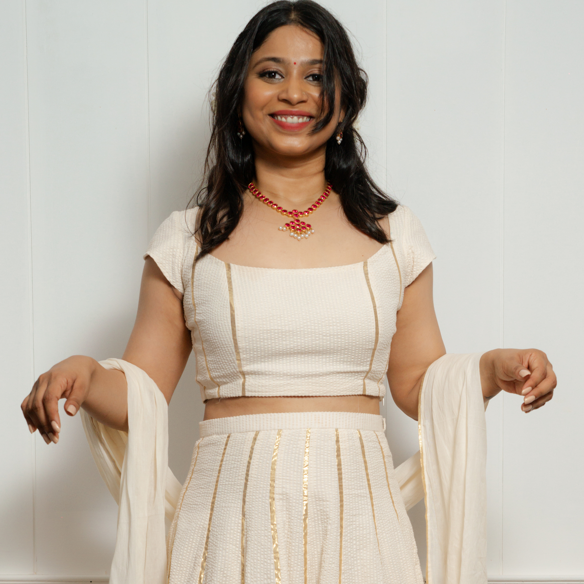 Ramba Skirt and Blouse Co-Ord Set with Floral Embroidery - Off