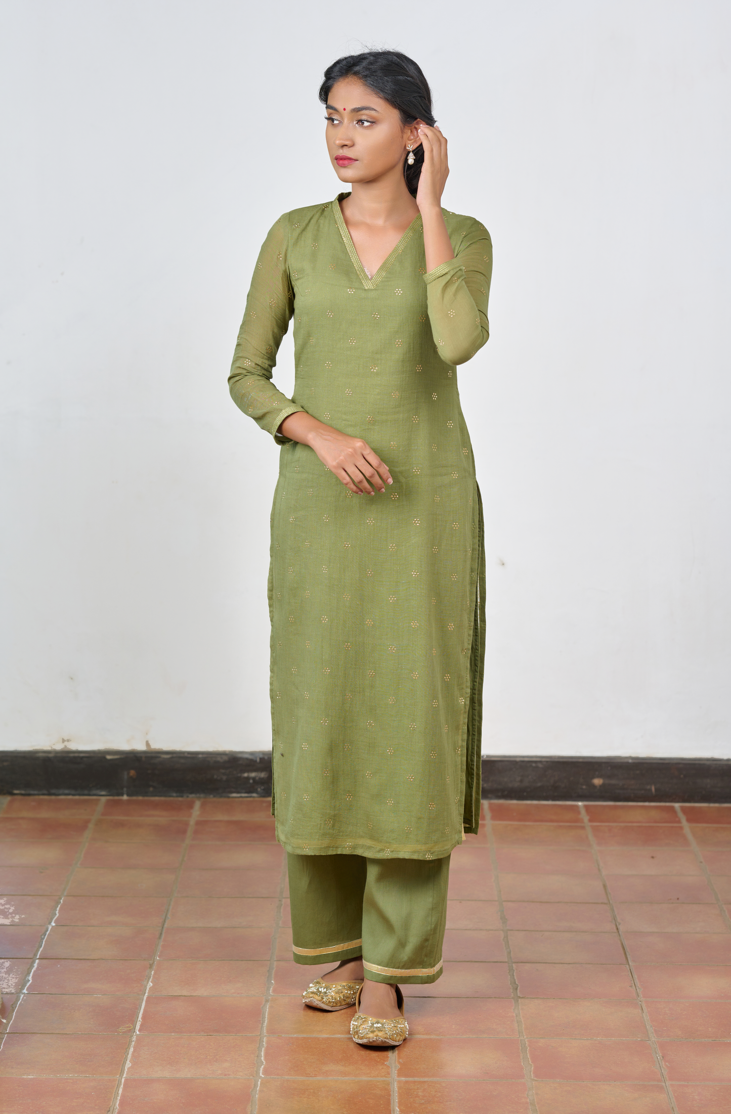 Olive Green Mukaish Work Kurta