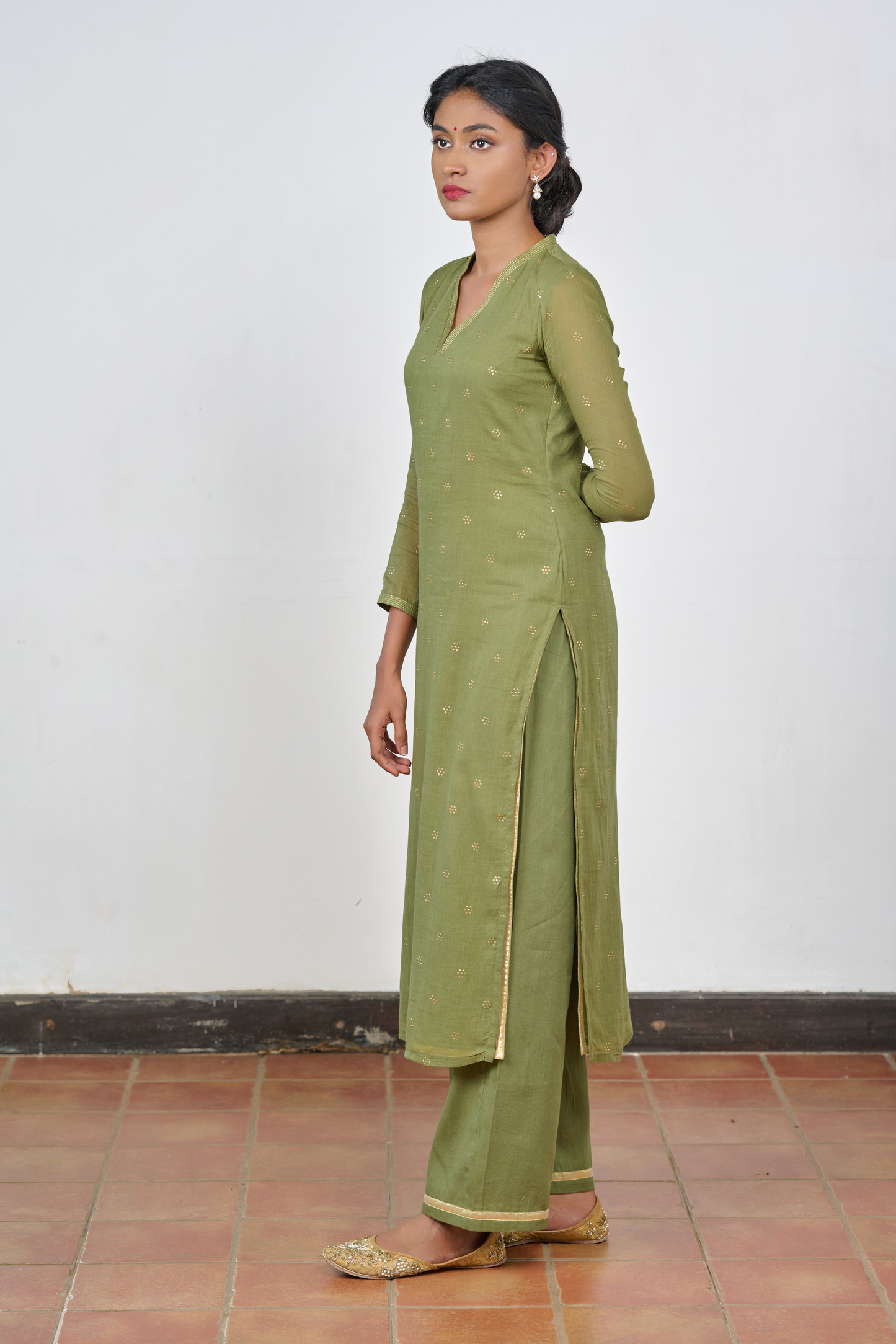 Olive Green Mukaish Work Kurta