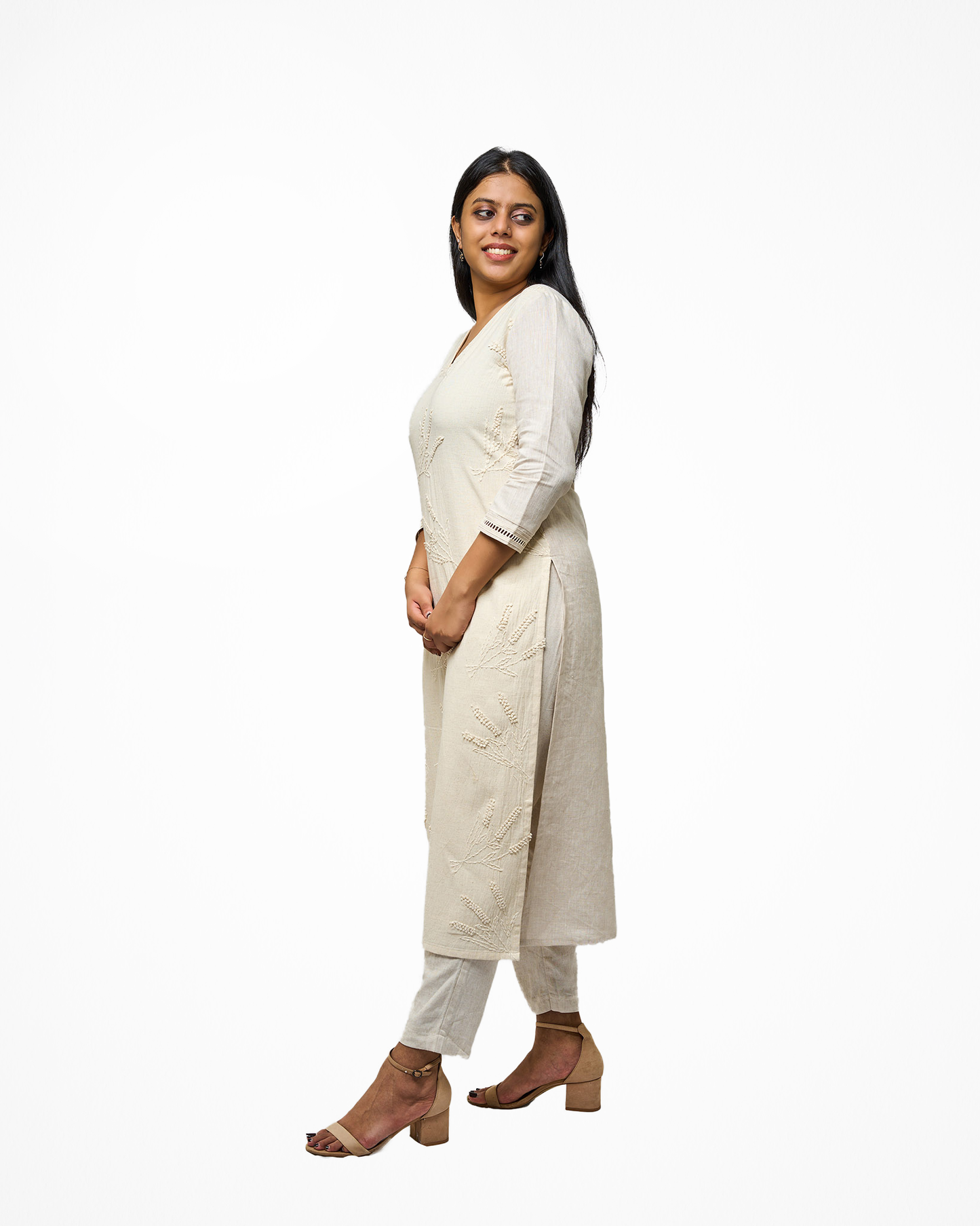 Beige Linen embroidered kurta