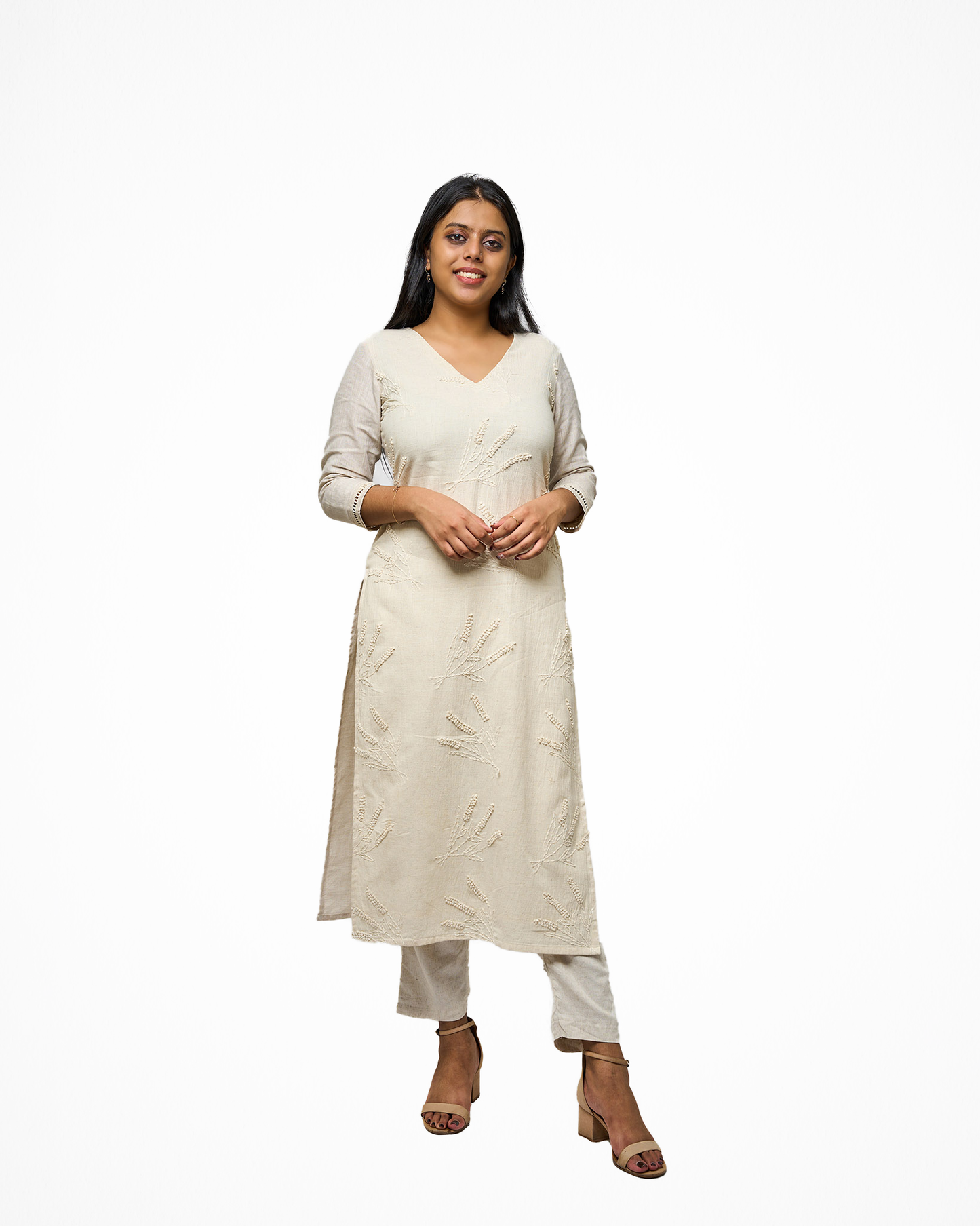 Beige Linen embroidered kurta