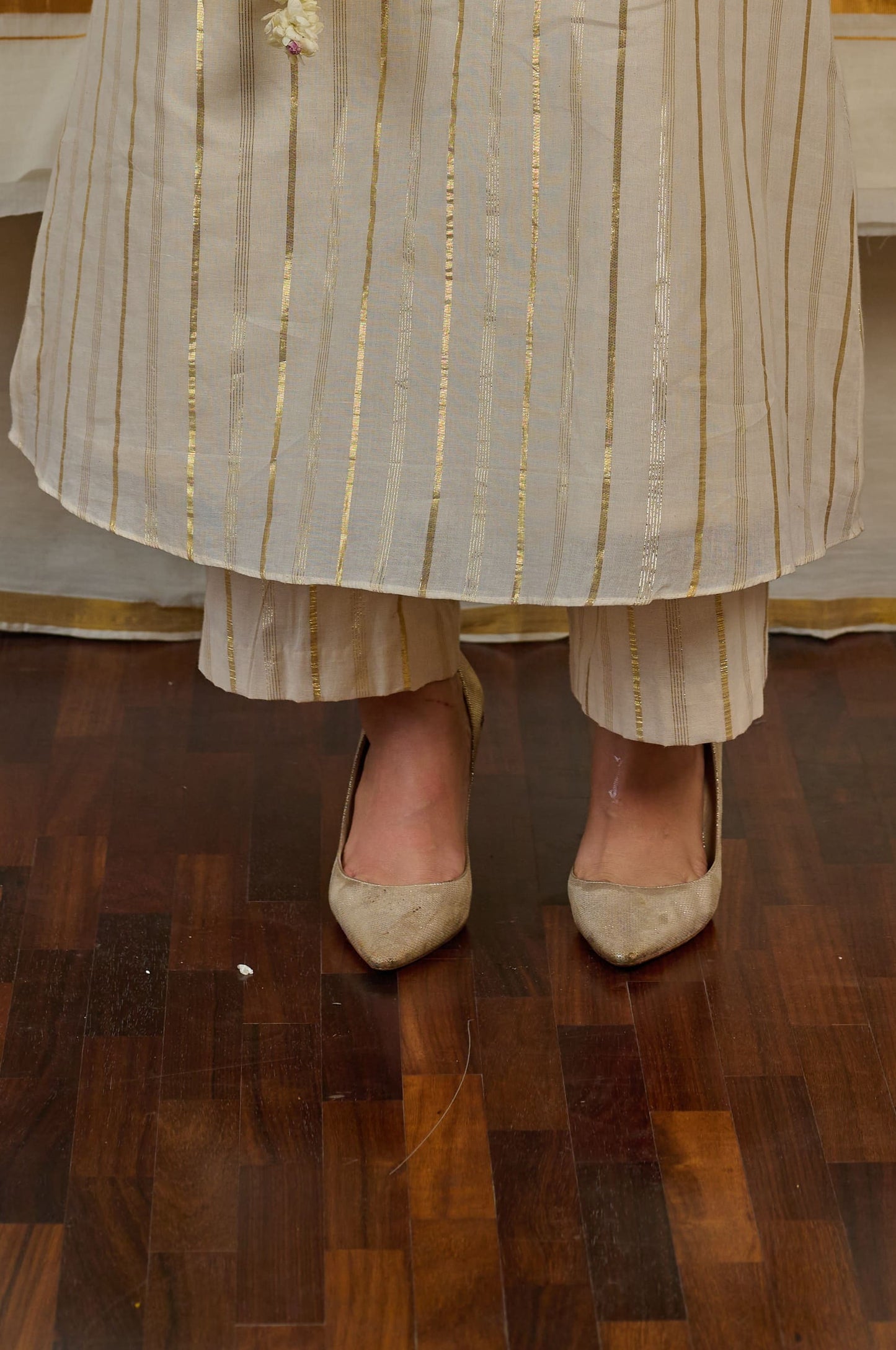 Off White Palazzo Pants with Golden Stripes