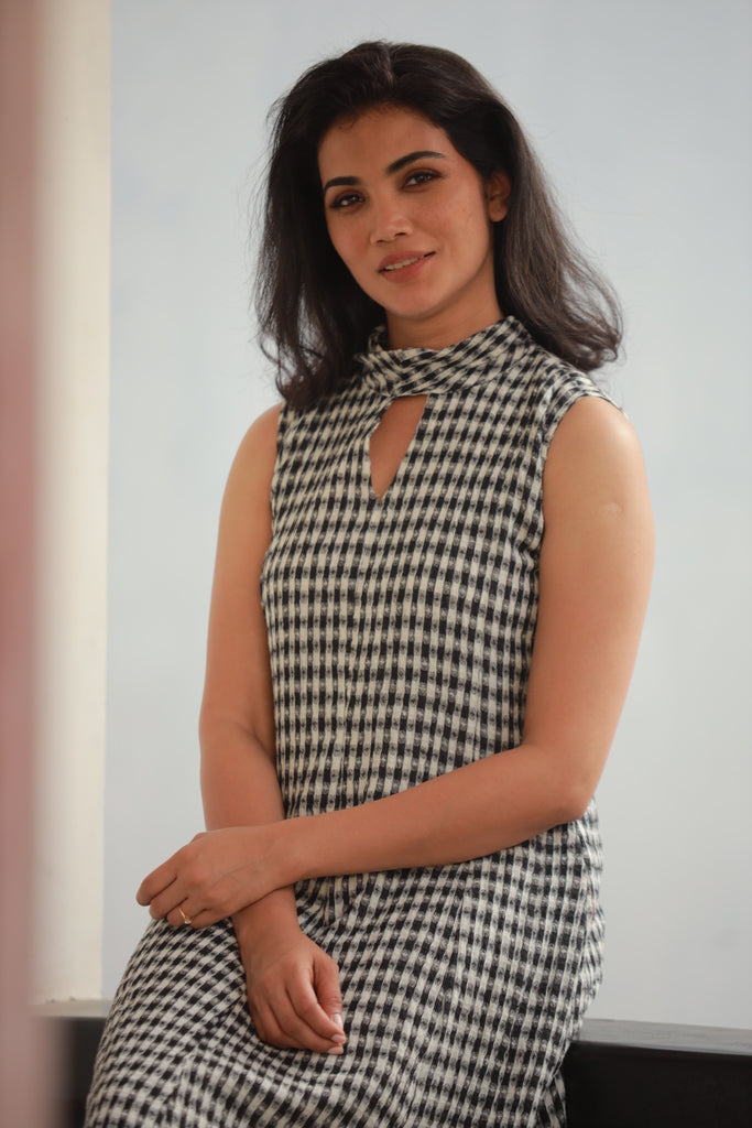 Black and white cowl neck dress