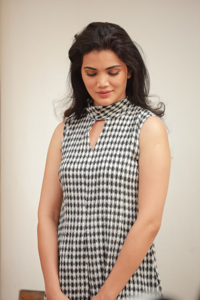 Black and white cowl neck dress