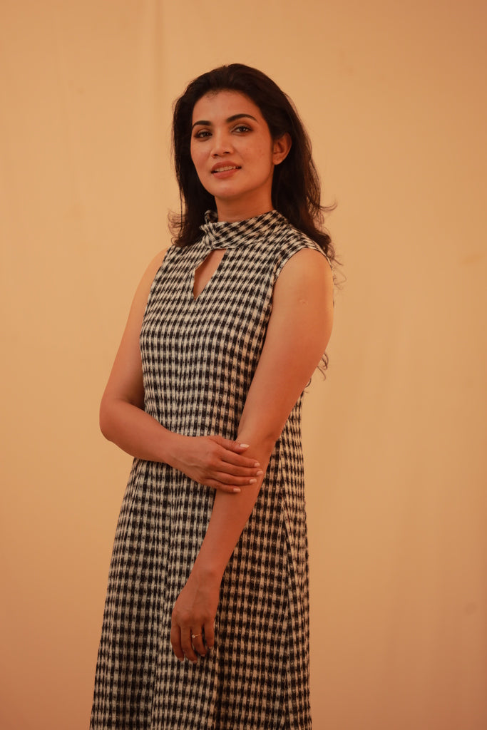 Black and white cowl neck dress