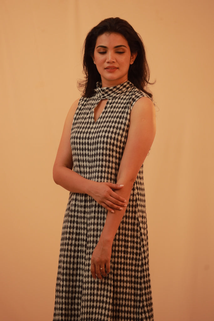 Black and white cowl neck dress