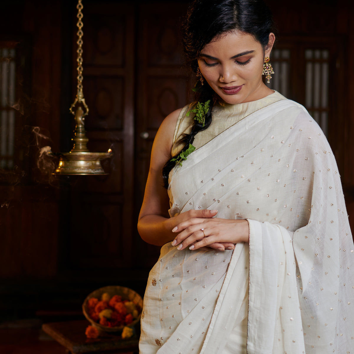 Buy Off-White Unstitched Sequins Saree And Blouse With Cowl