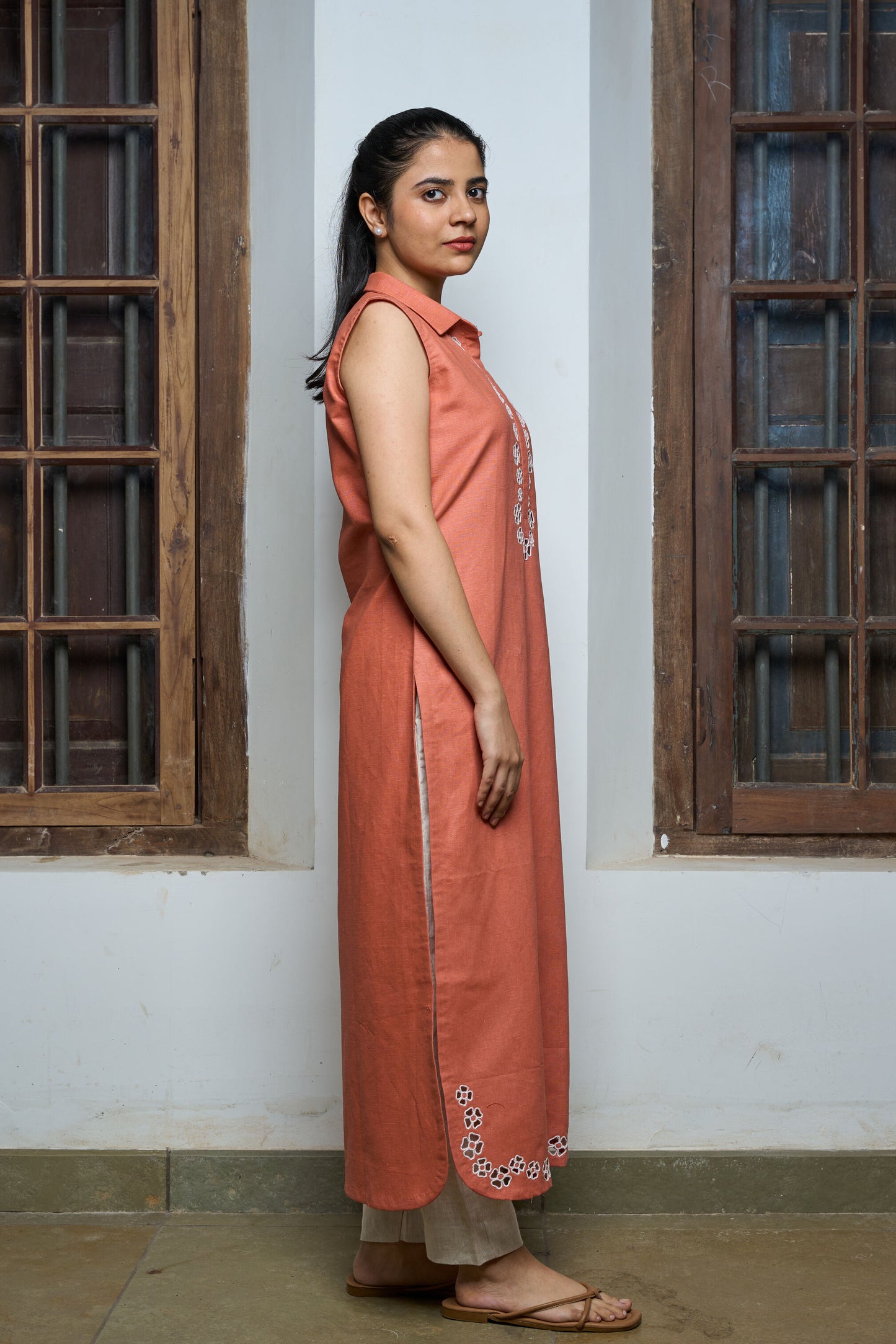 Linen Kurta with Cutwork Details