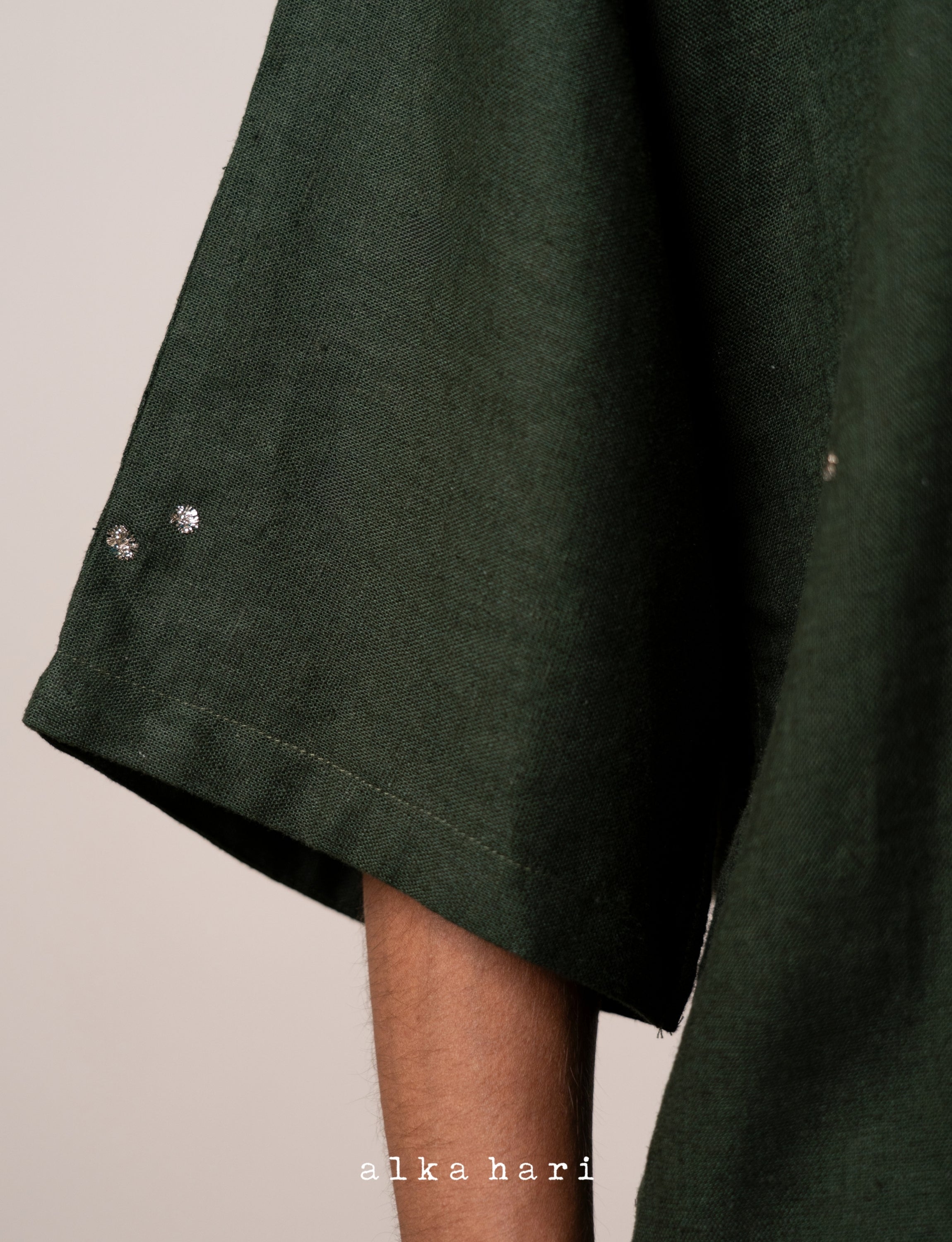 Dark Green Linen Shirt with Mukaish Work