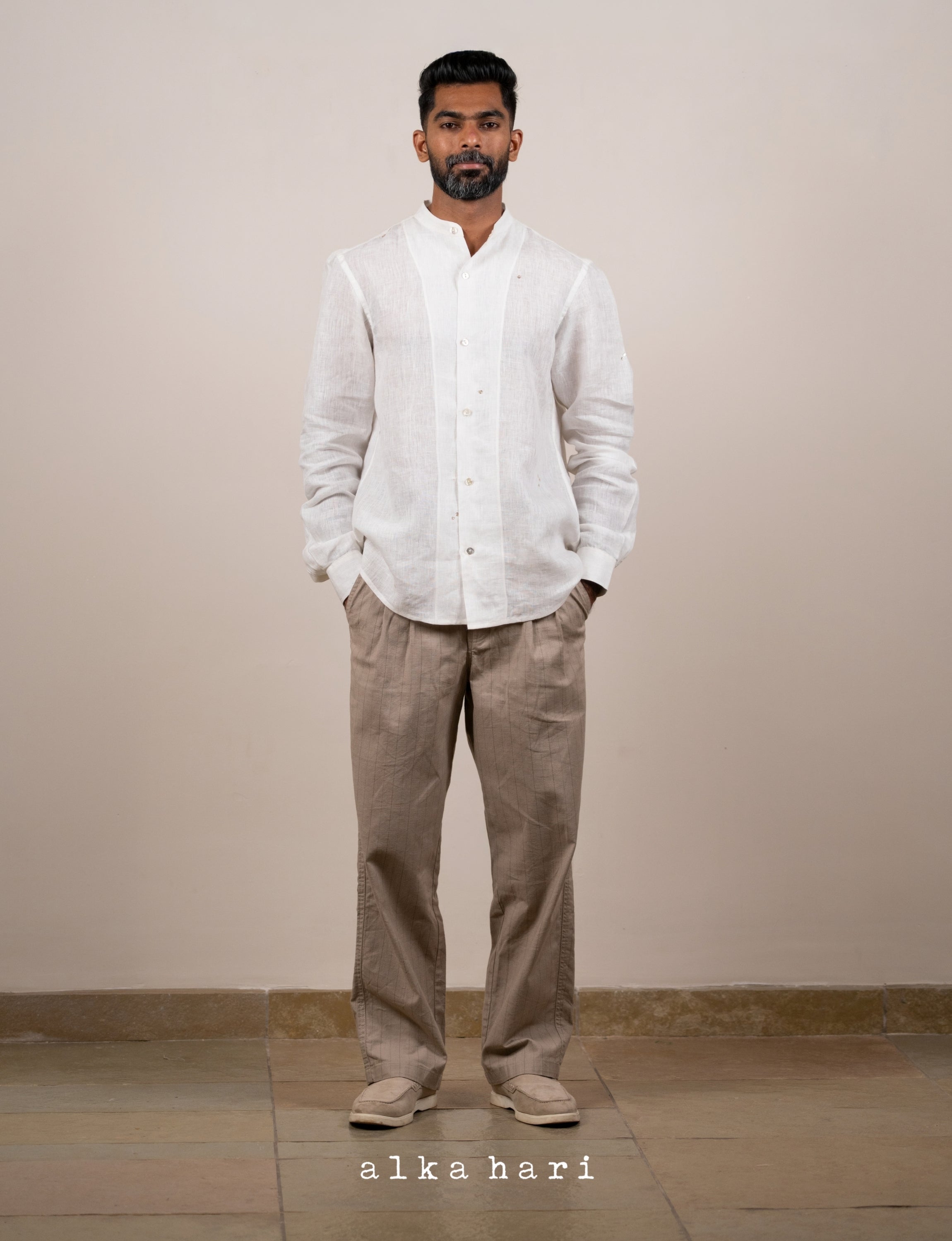 White Linen Structured Shirt with Mukaish Work