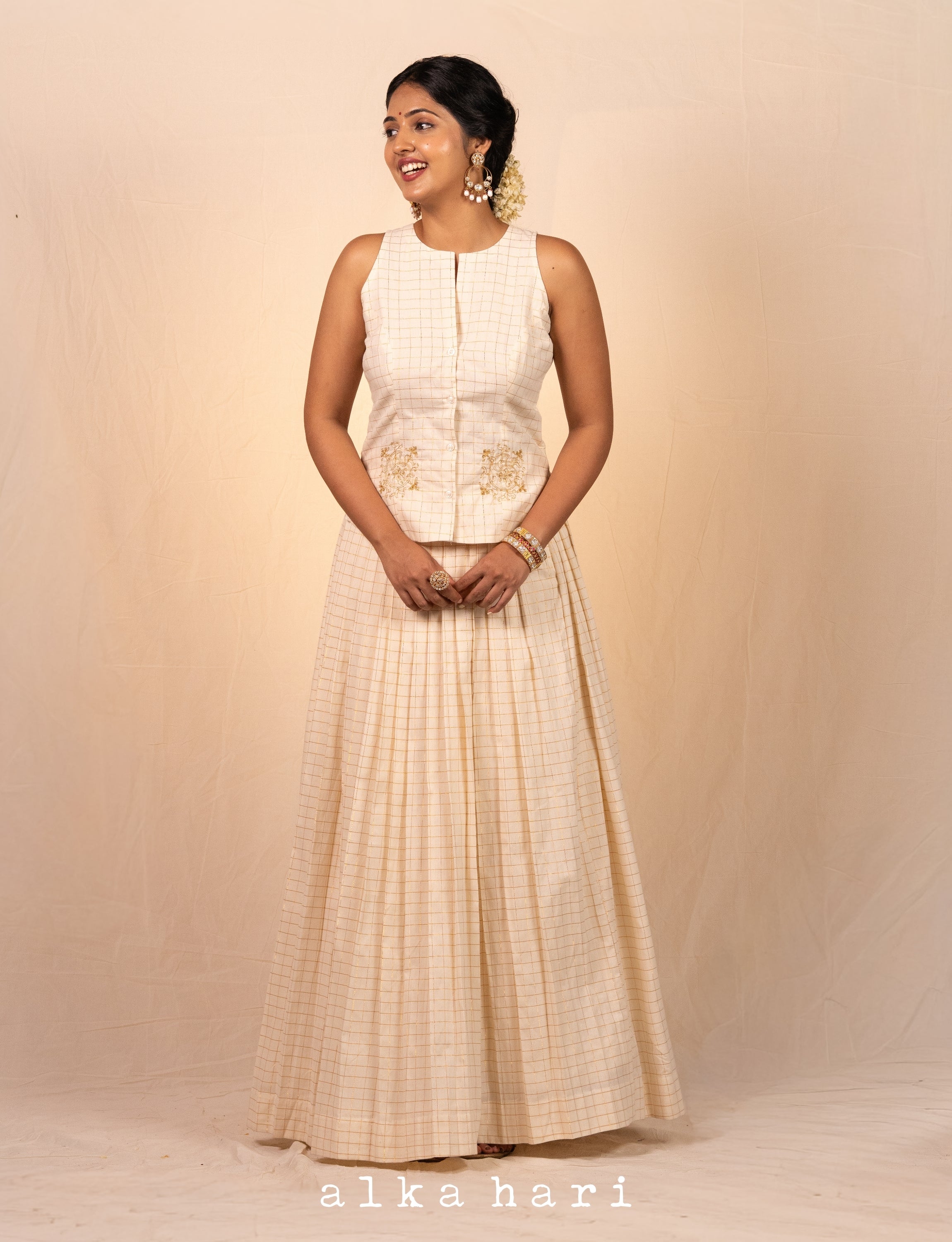 Off White Golden Checkered Vest and Skirt Set