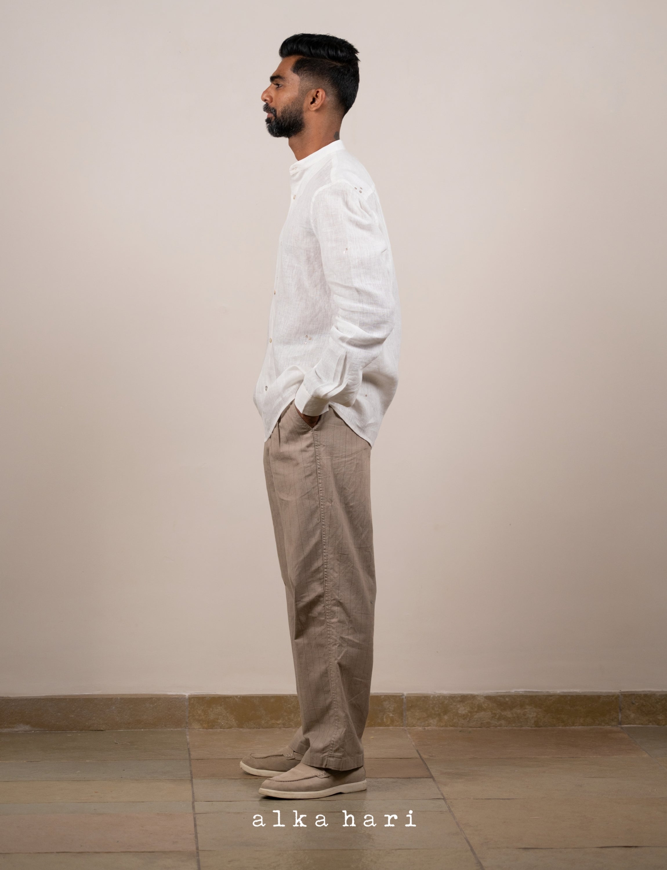 White Linen Structured Shirt with Mukaish Work