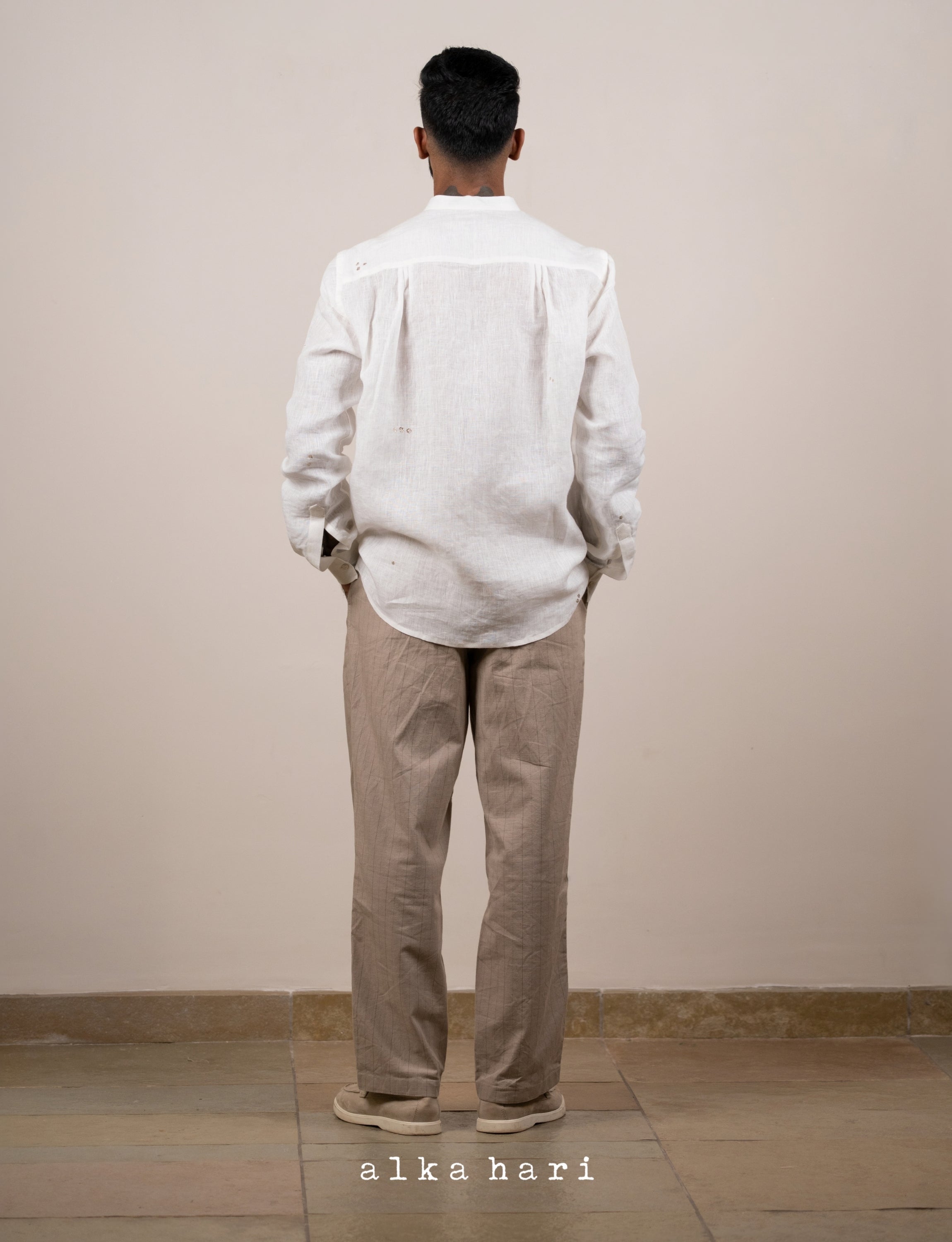 White Linen Structured Shirt with Mukaish Work