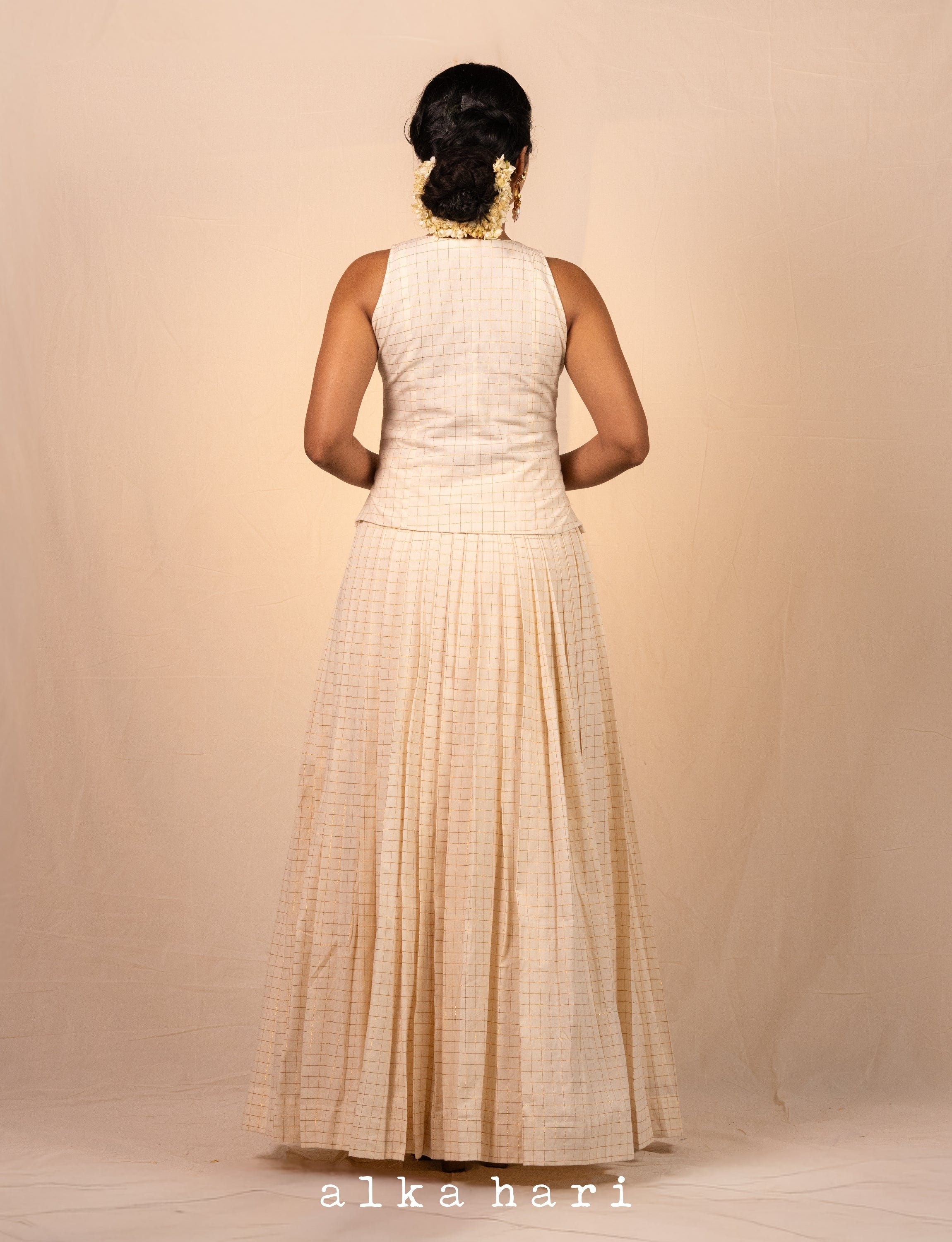 Off White Golden Checkered Vest and Skirt Set