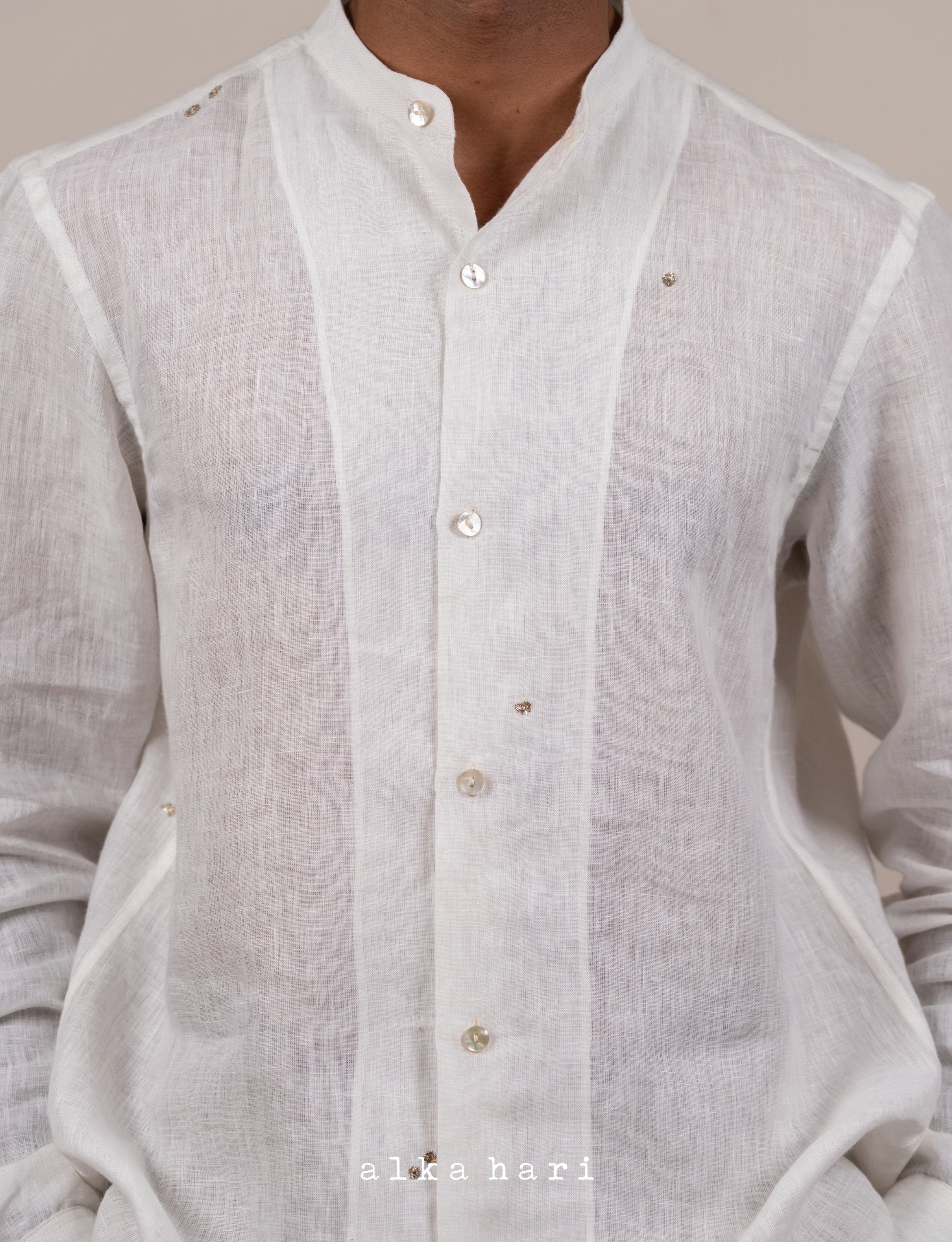 White Linen Structured Shirt with Mukaish Work
