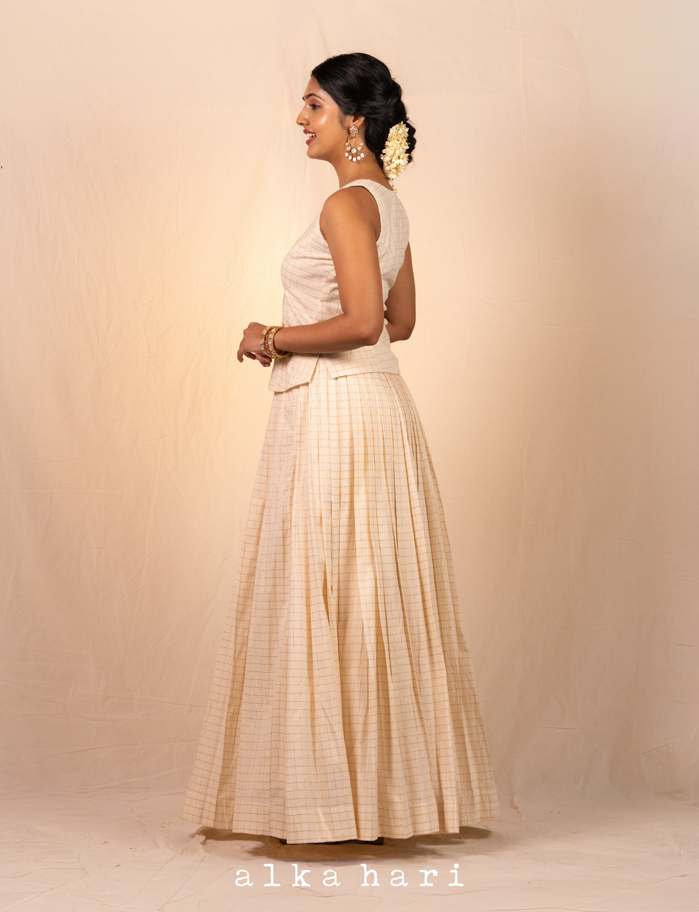 Off White Golden Checkered Vest and Skirt Set
