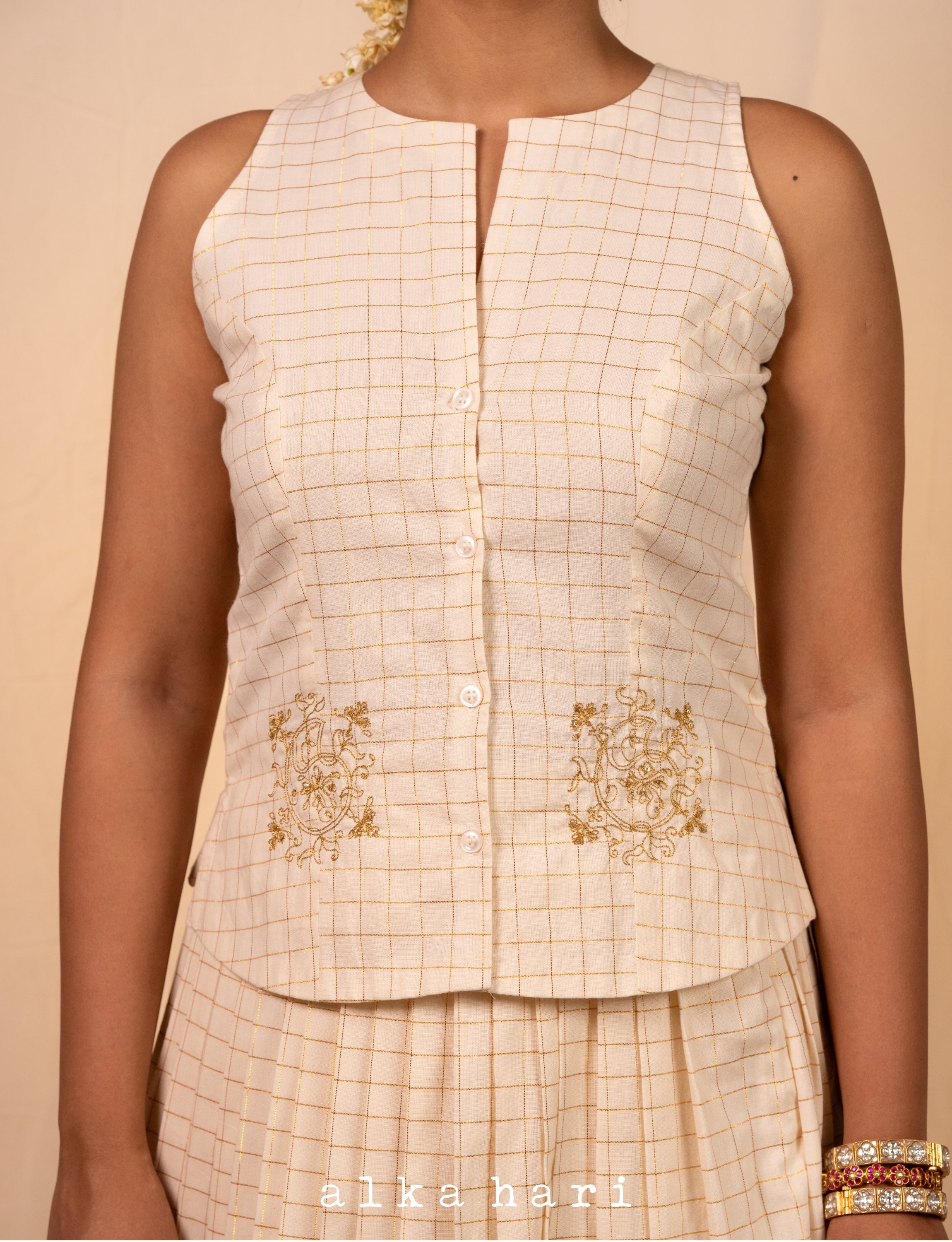 Off White Golden Checkered Halter Neck Vest