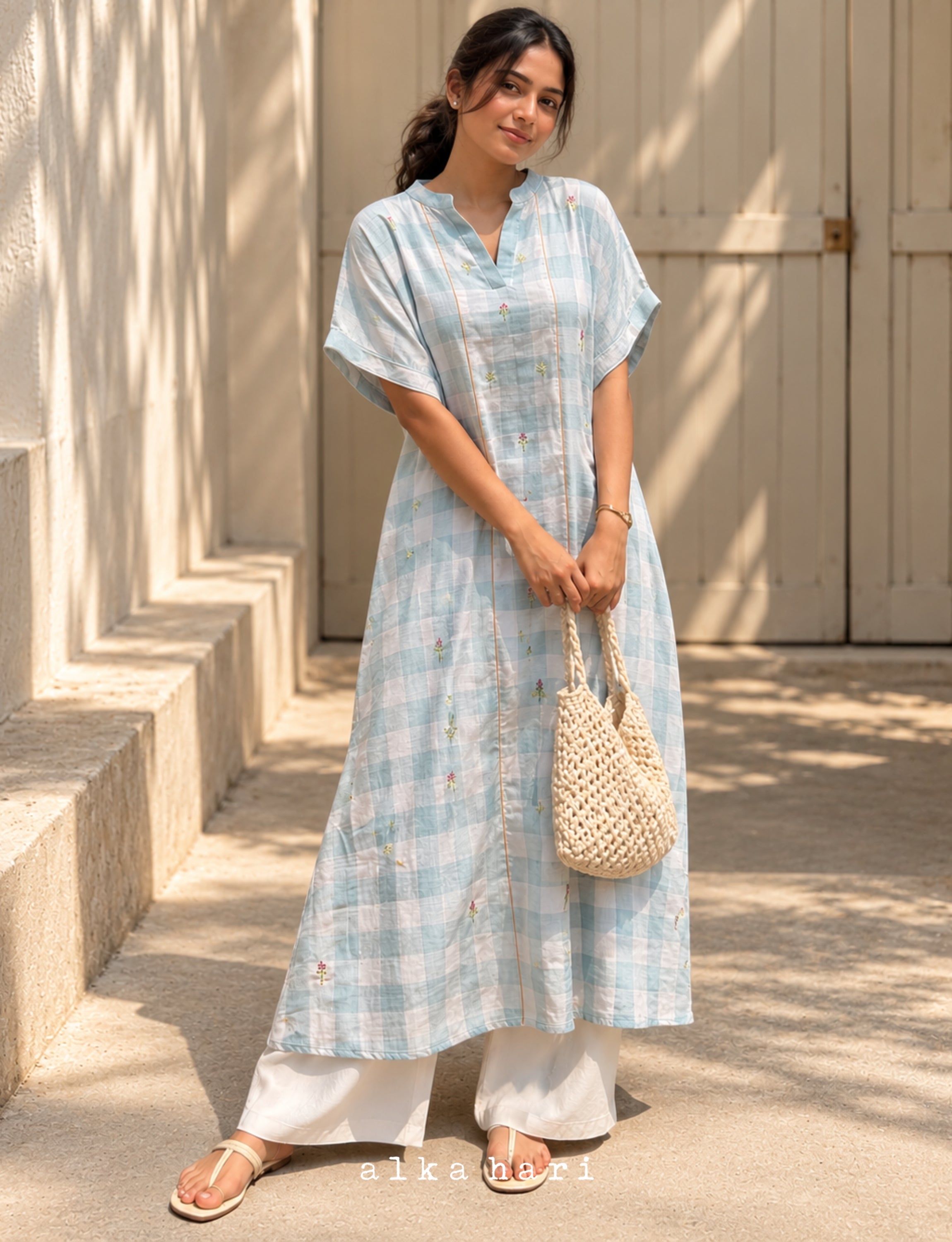 Pastel Blue Checkered Kurta