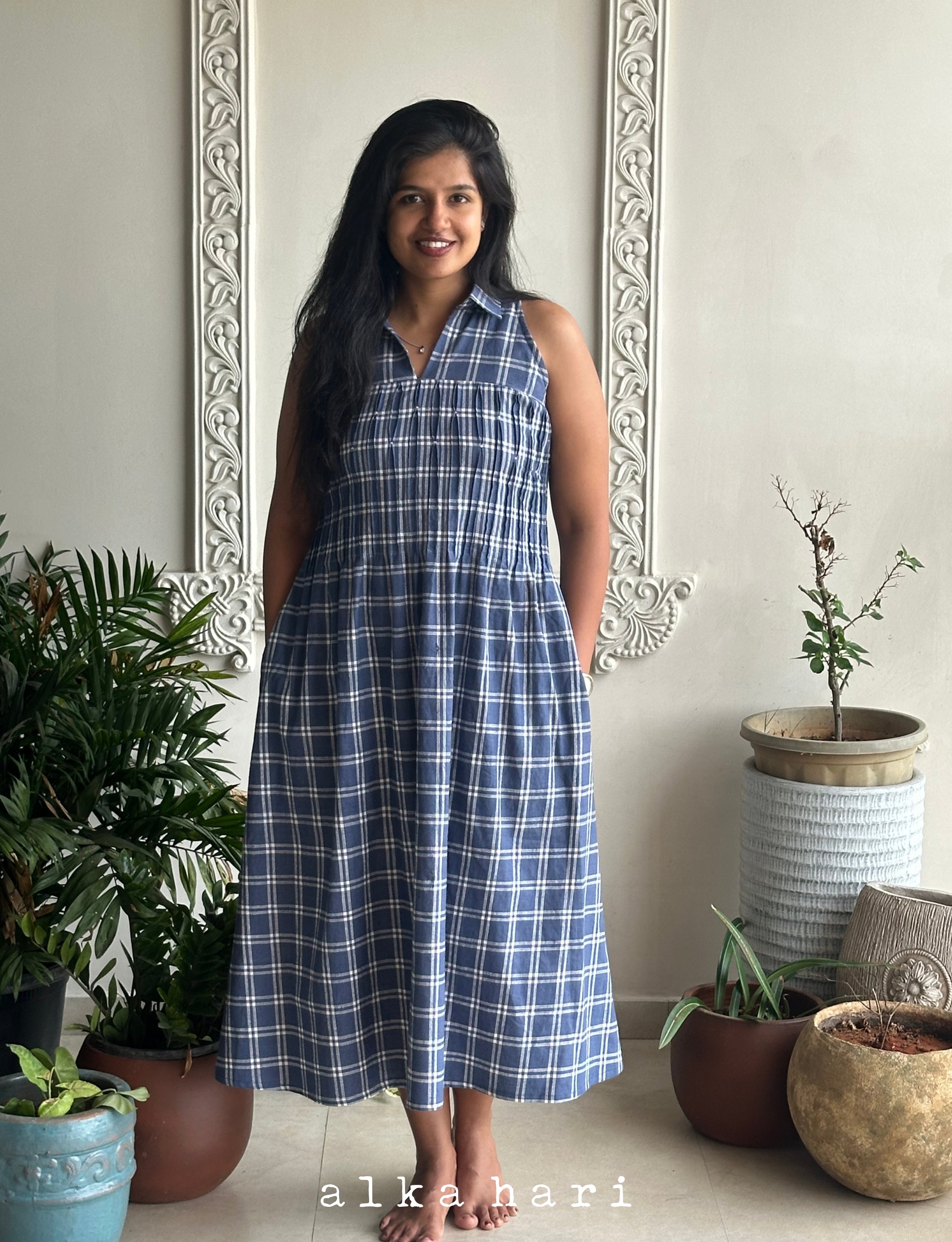 Blue Checked Collared Dress