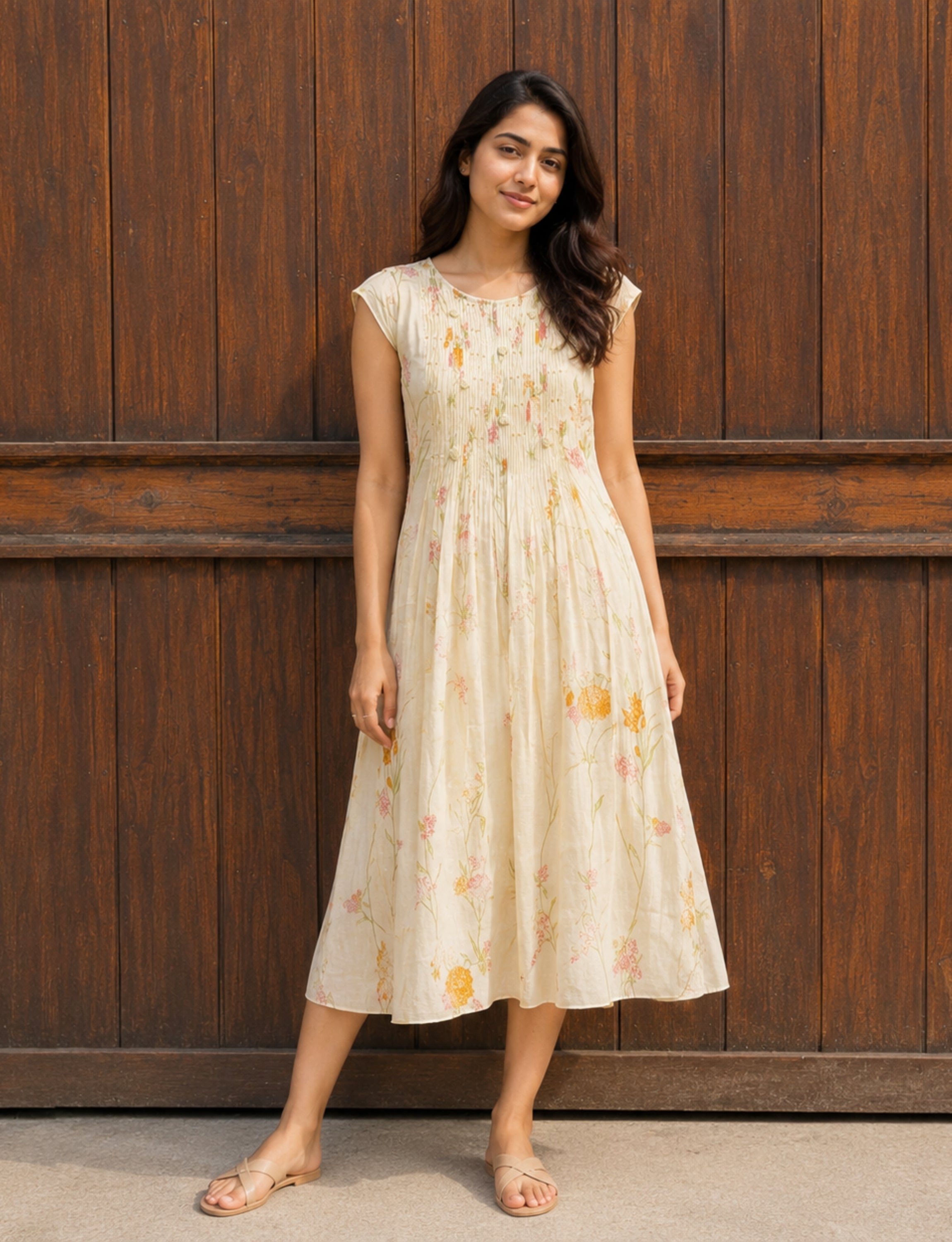 Off White Floral Chanderi Dress