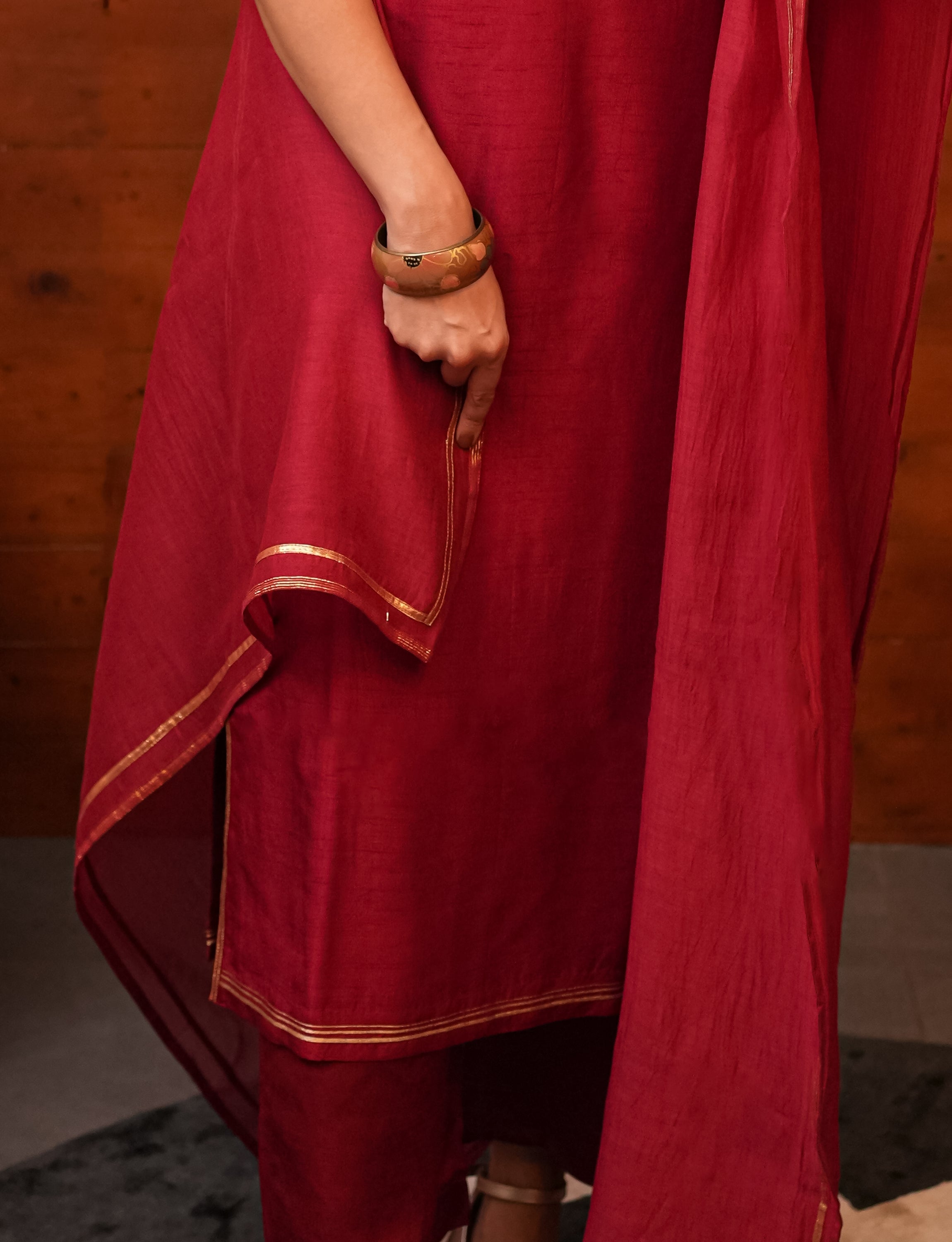 Red Chanderi Silk Dupatta with Gold Border