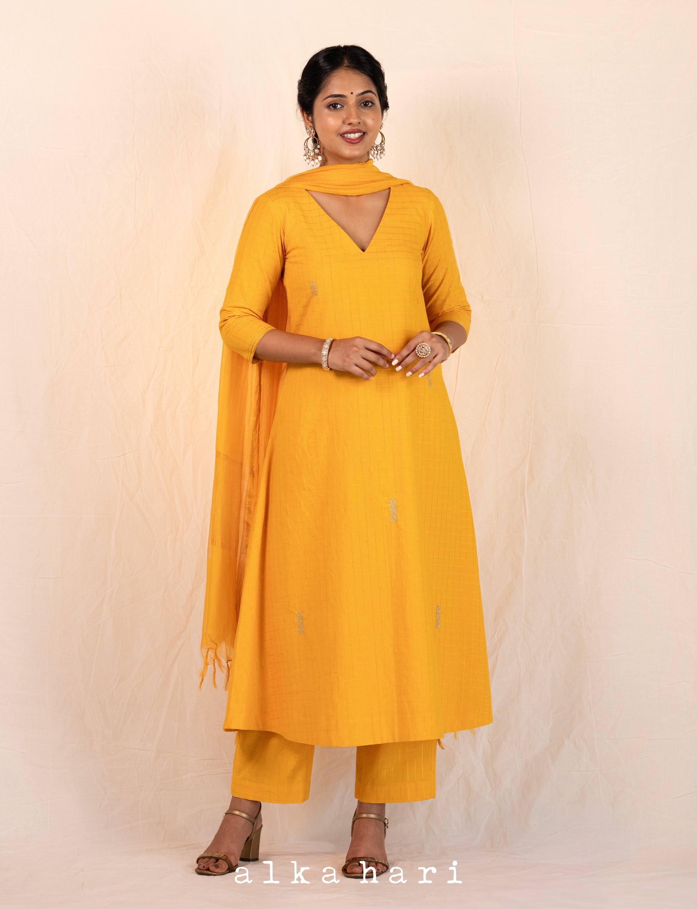 Yellow Checks A-line Kurta