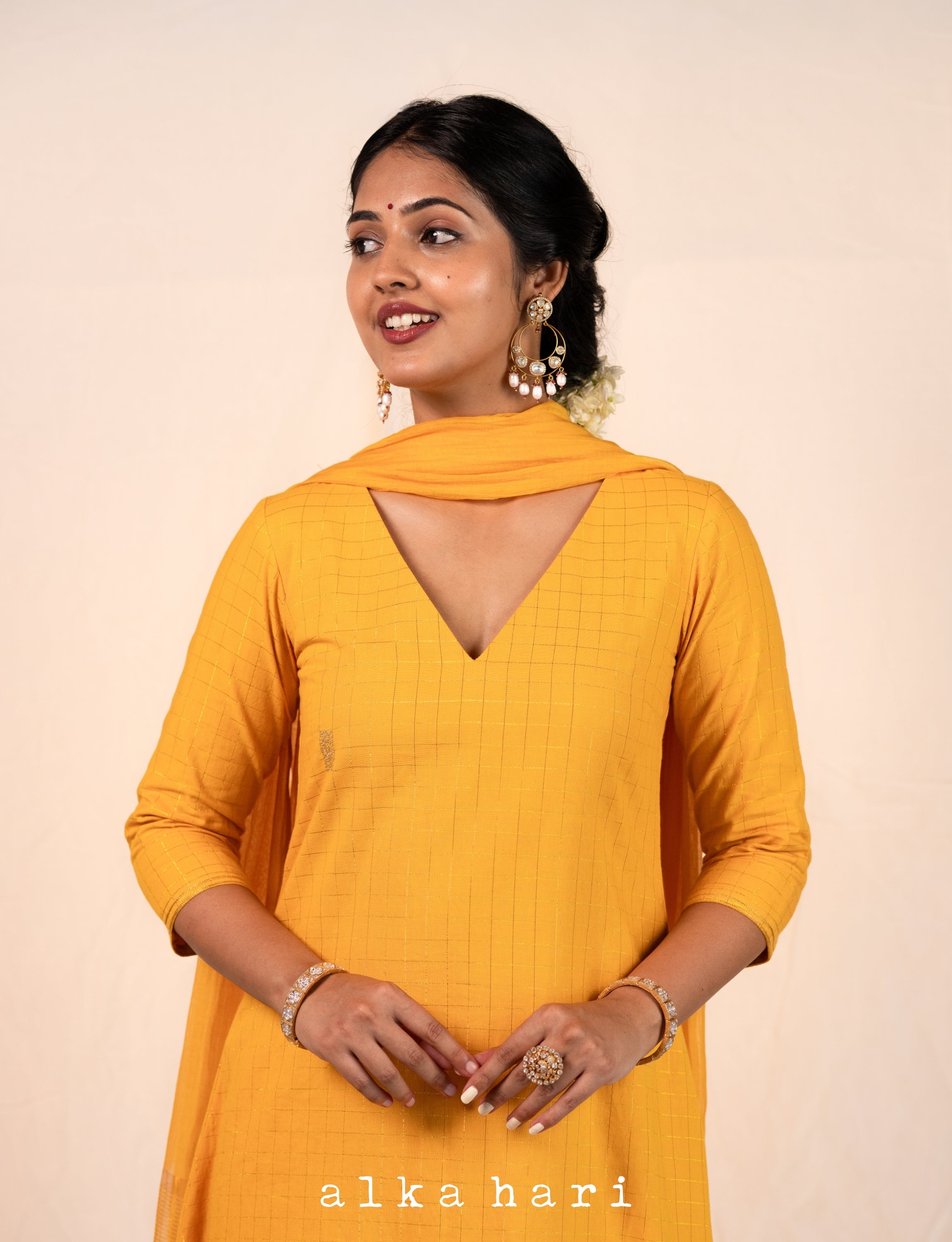 Yellow Checks A-line Kurta