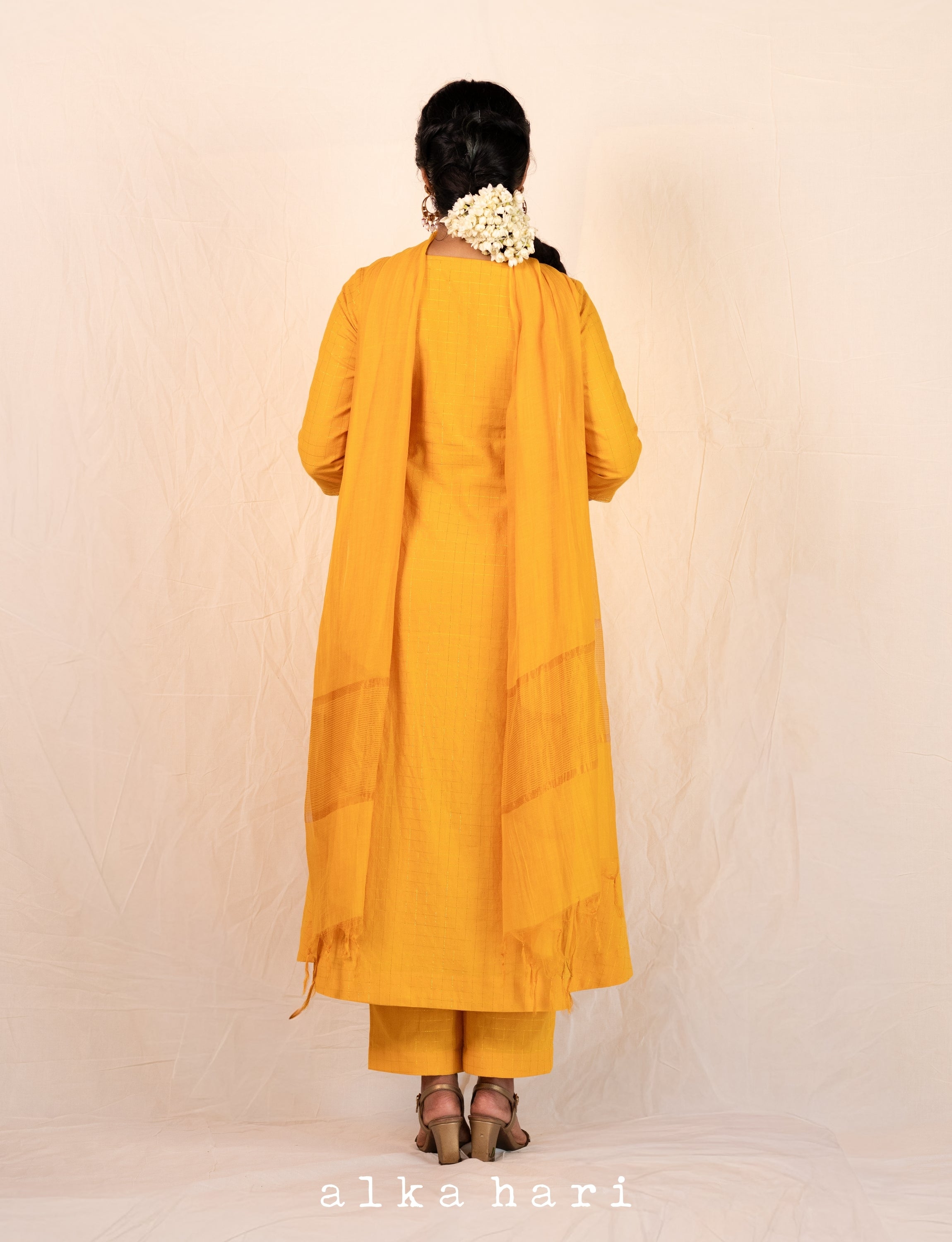 Yellow Checks A-line Kurta