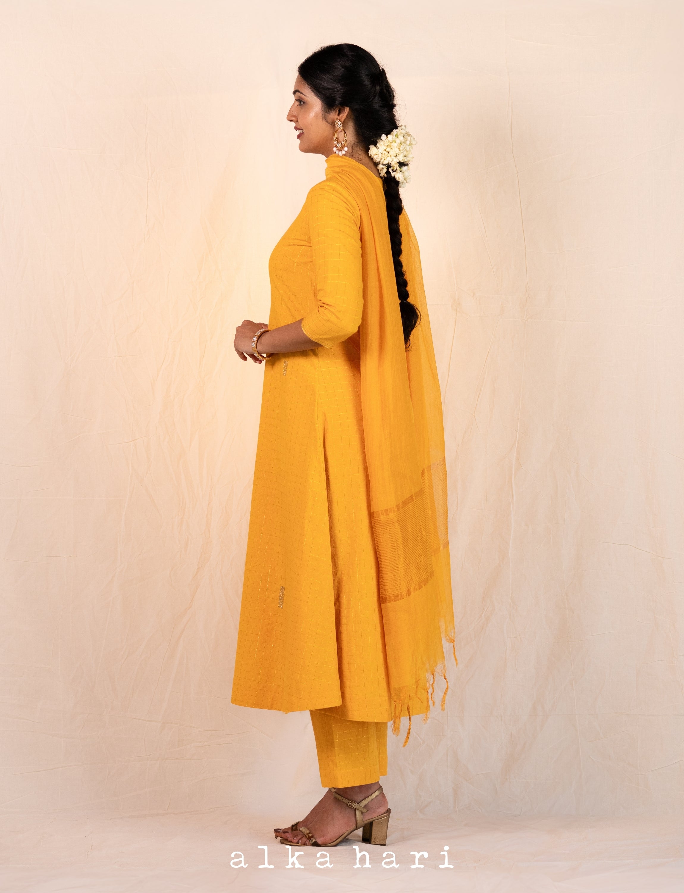 Yellow Checks A-line Kurta