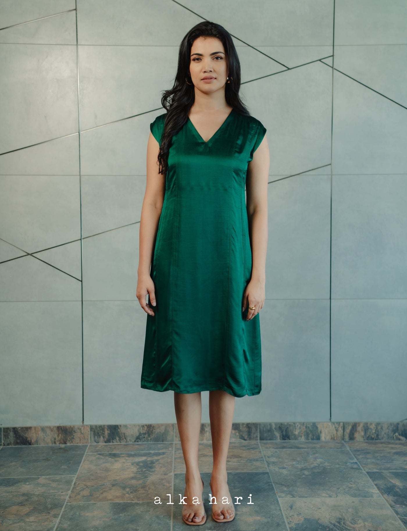 Dark Green Dupion Silk Dress - V-Neck Cap Sleeve Dress | Alka Hari Alka Hari Pvt Ltd Dark Green Dupion Silk Dress - V-Neck Cap Sleeve Dress | Alka Hari Alka Hari Pvt Ltd