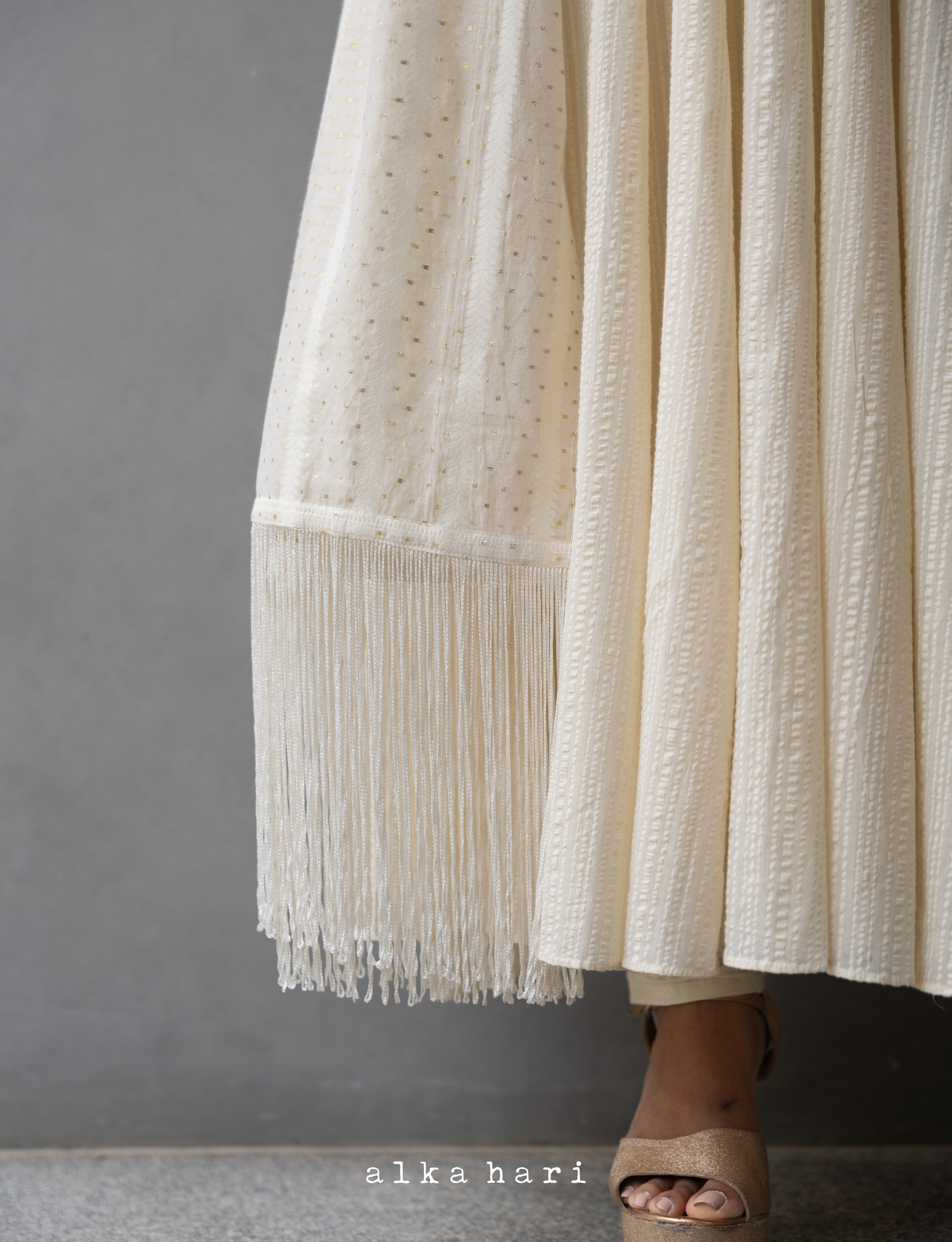 Off White Woven Dupatta with Tassels