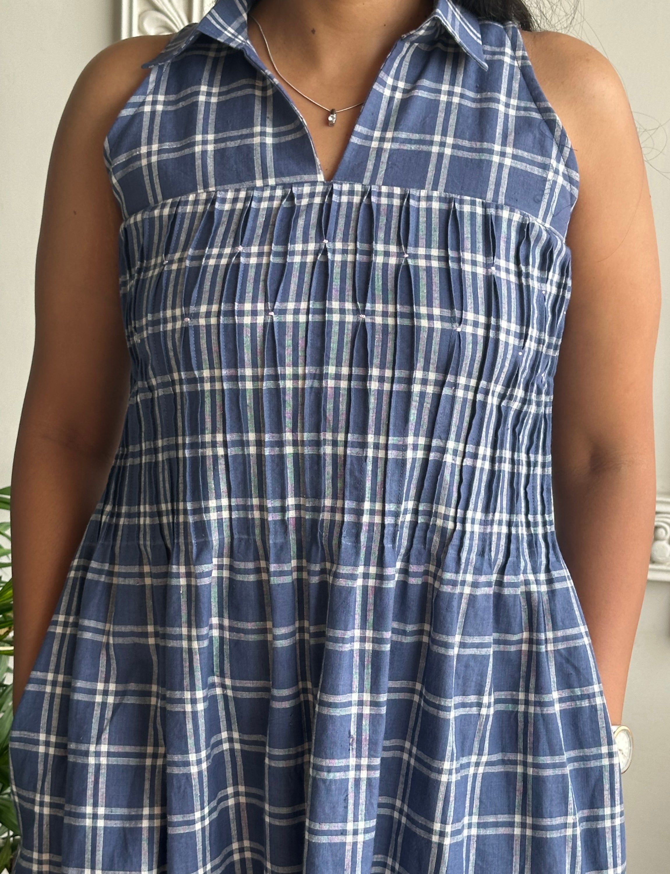 Blue Checked Collared Dress