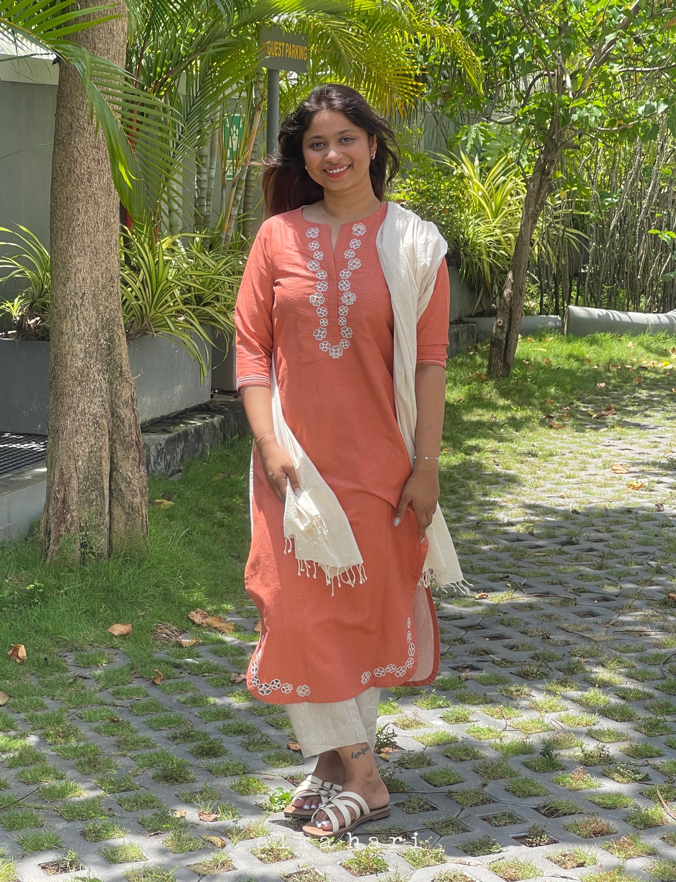Orange Linen Cutwork Kurta