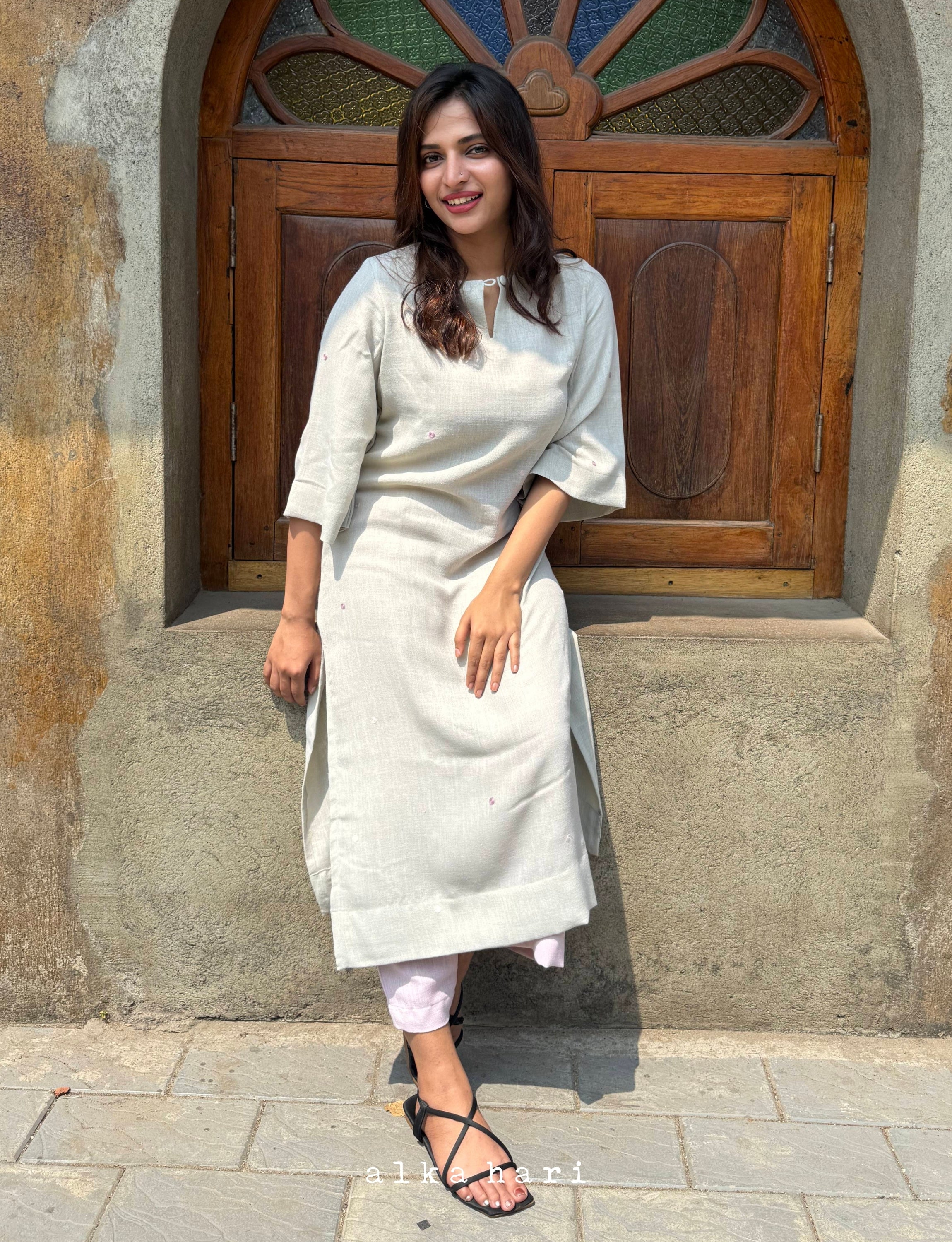 Light Grey Embroidered Linen Kurta