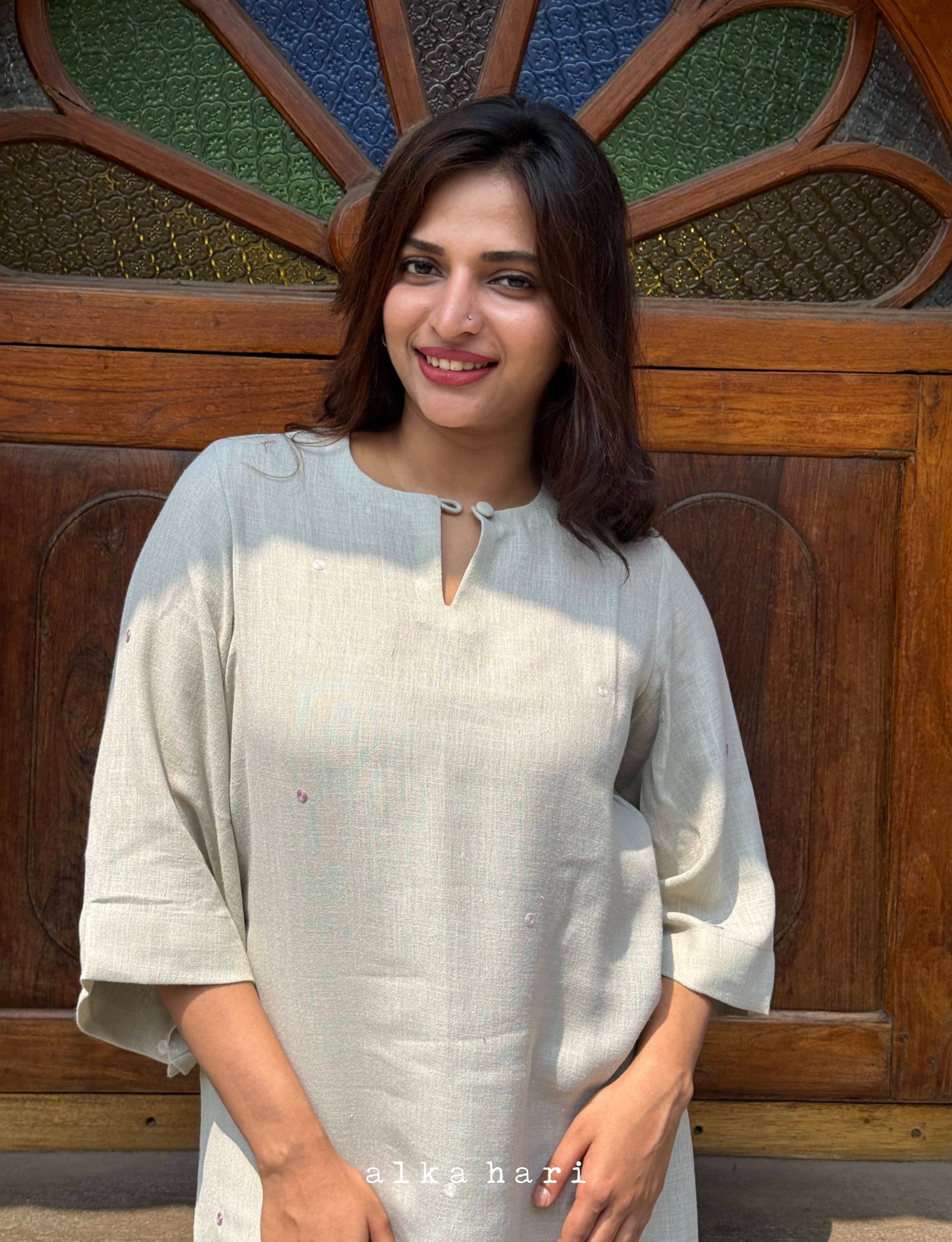 Light Grey Embroidered Linen Kurta