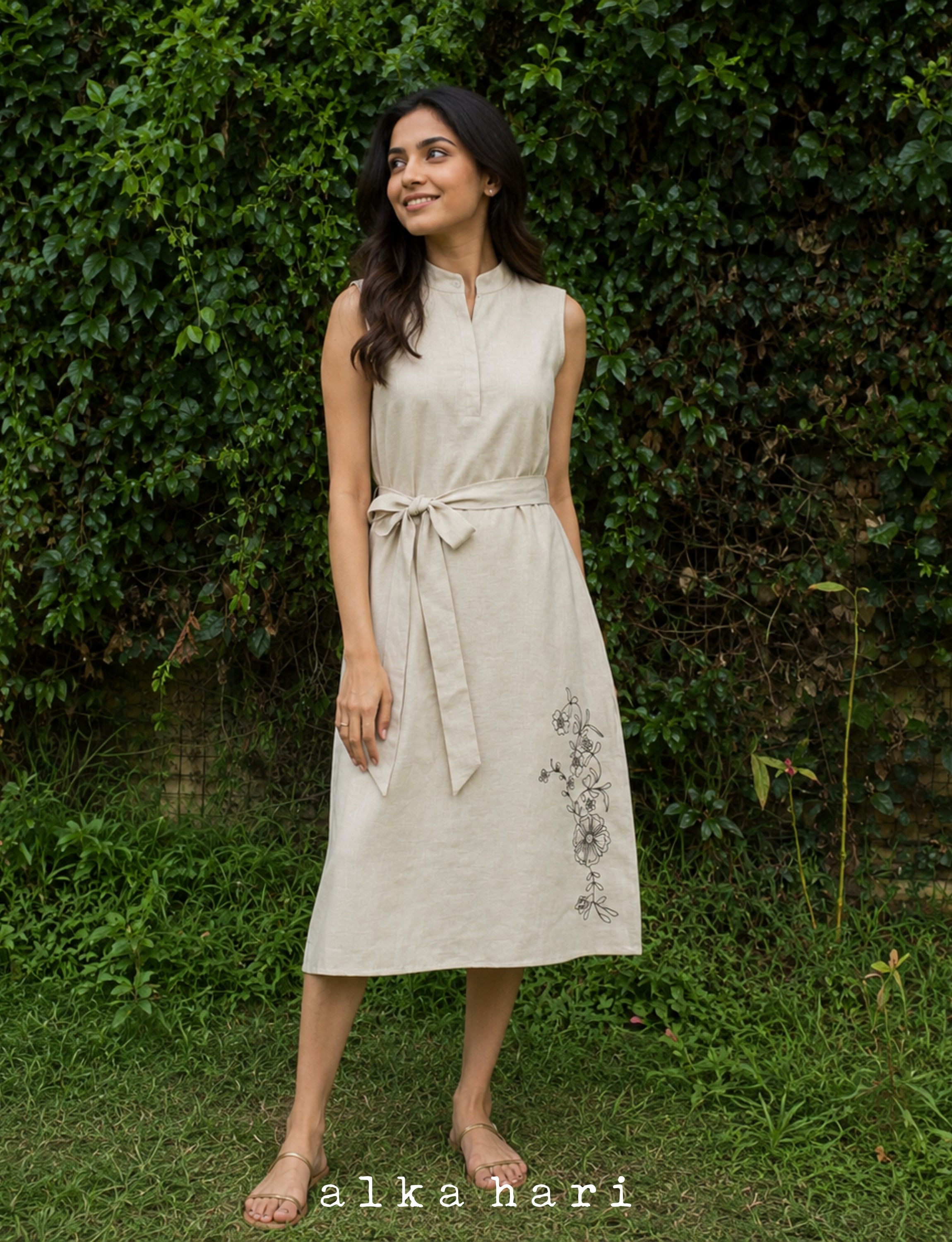Light Beige Belted Linen Dress