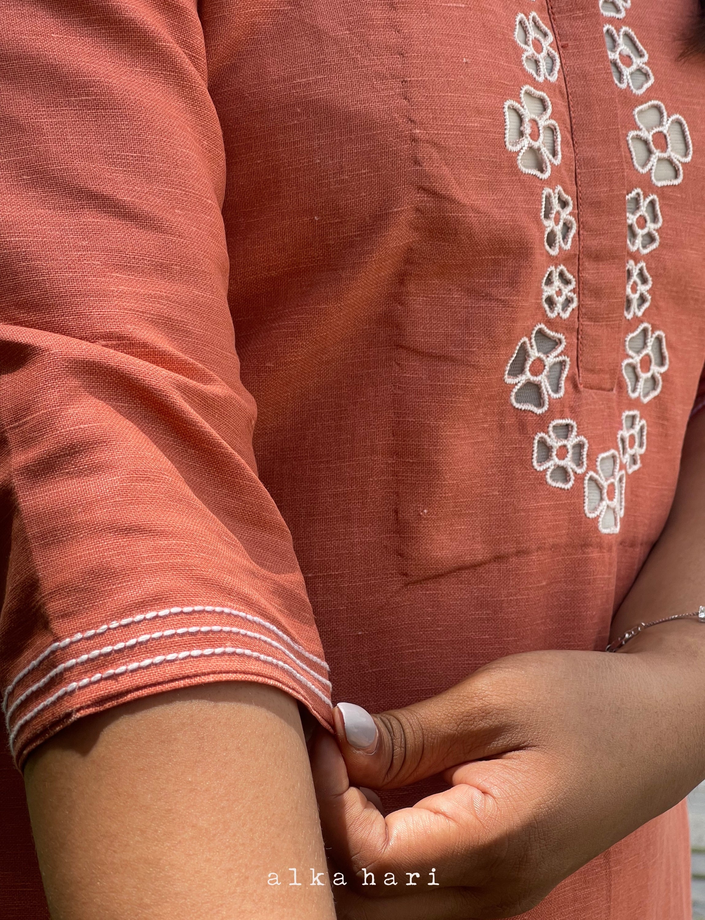 Orange Linen Cutwork Kurta