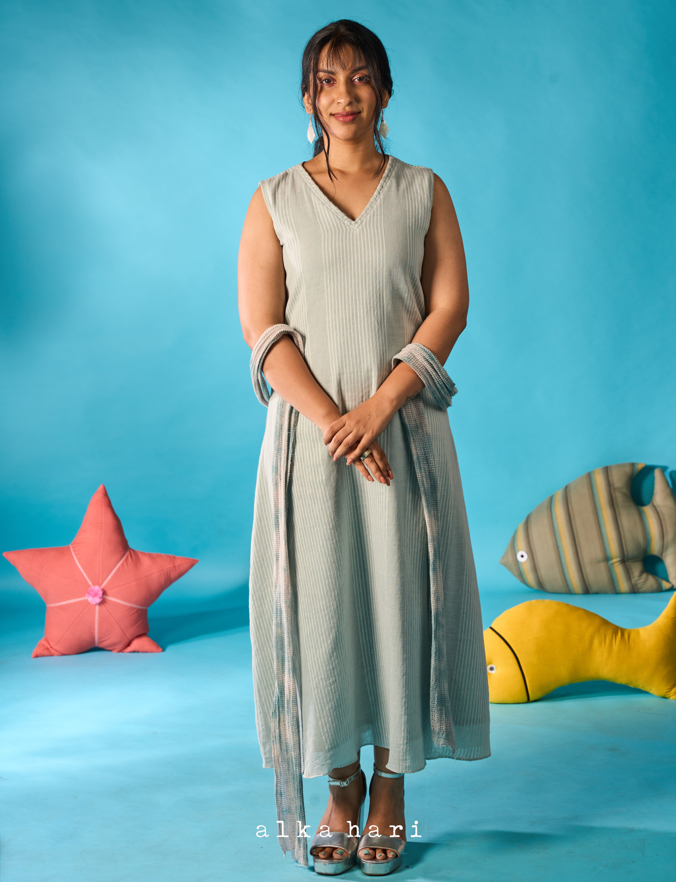 Blue Dress with Handweave Detail