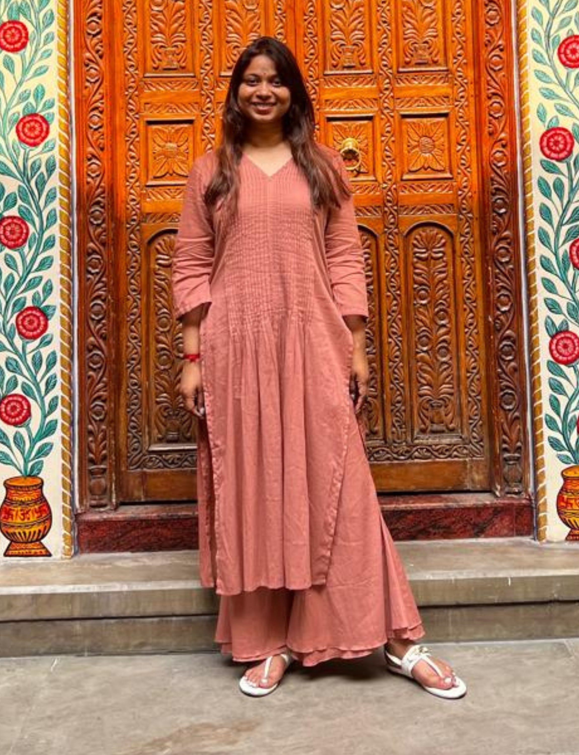 Mauve Pleated Kurta with Flared Palazzo