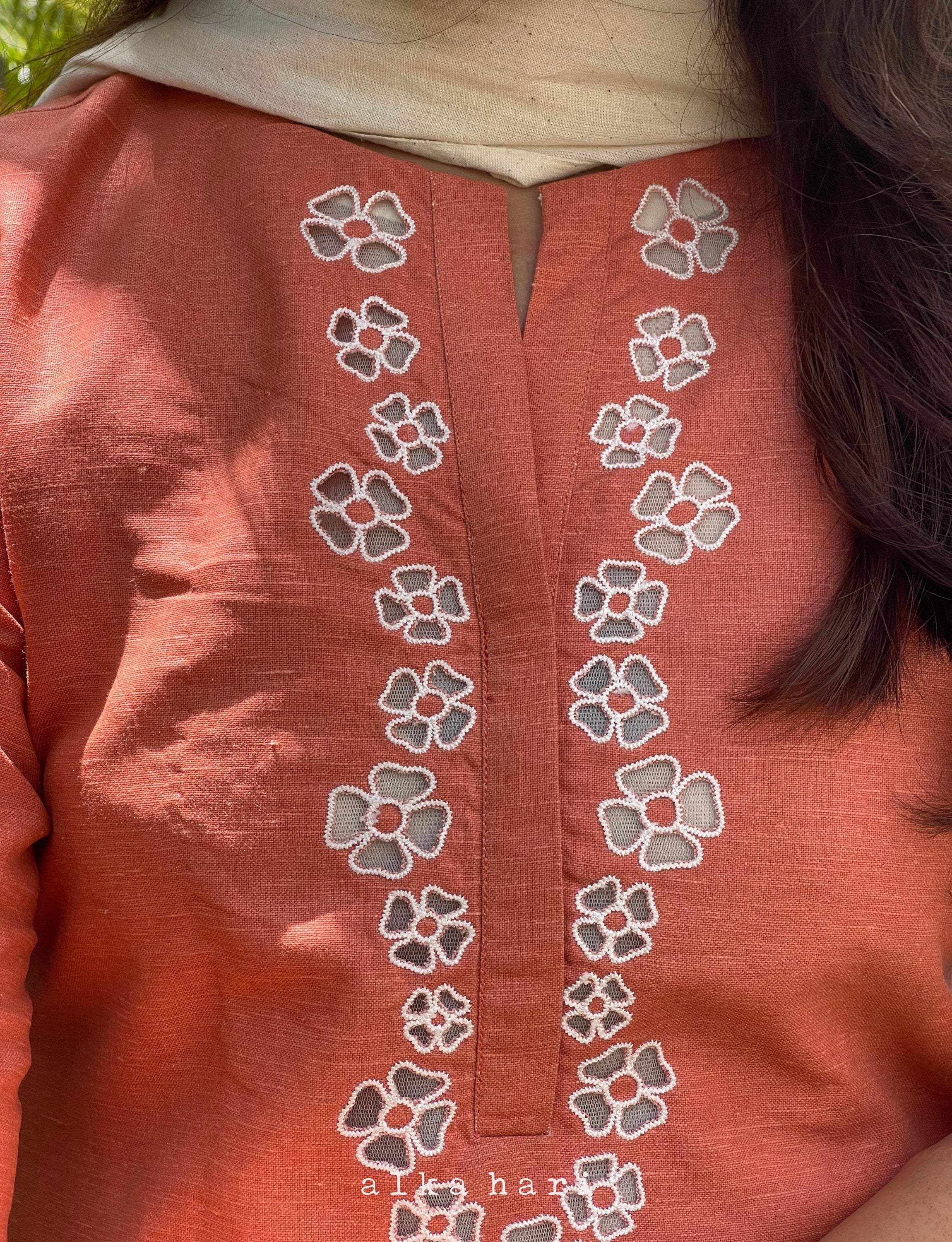 Orange Linen Cutwork Kurta