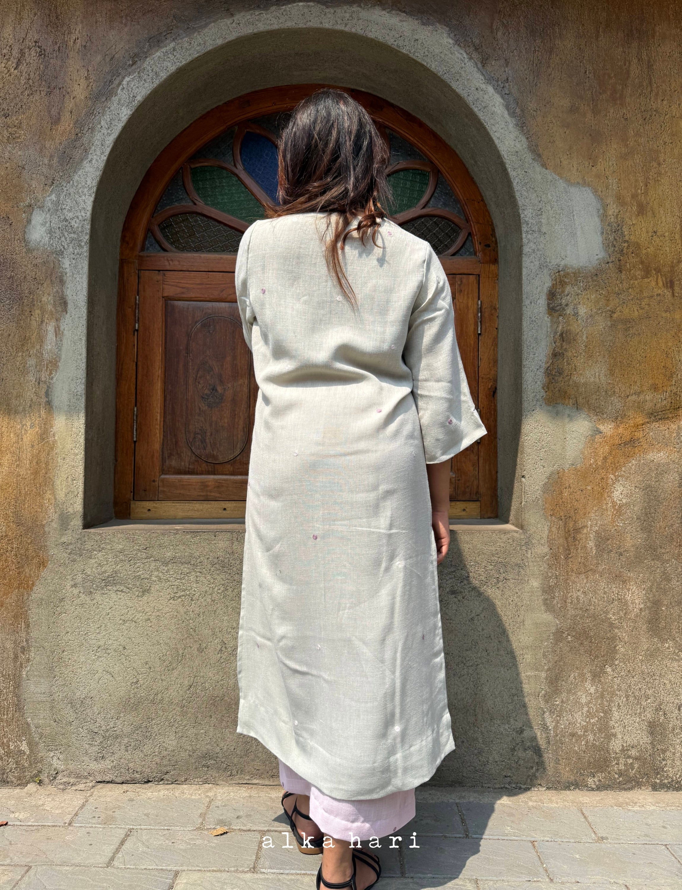 Light Grey Embroidered Linen Kurta