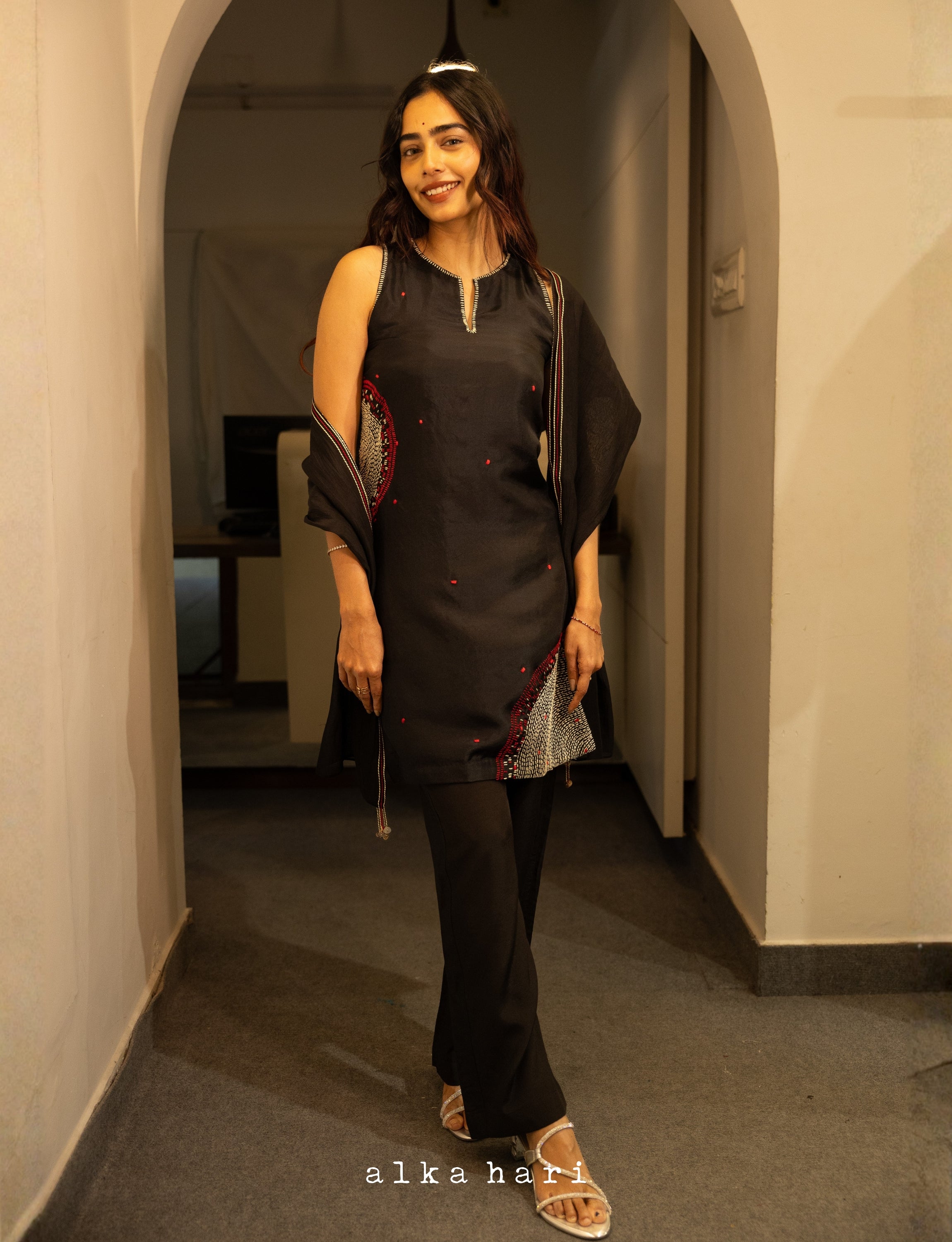 Black Silk Embroidered Short Kurta