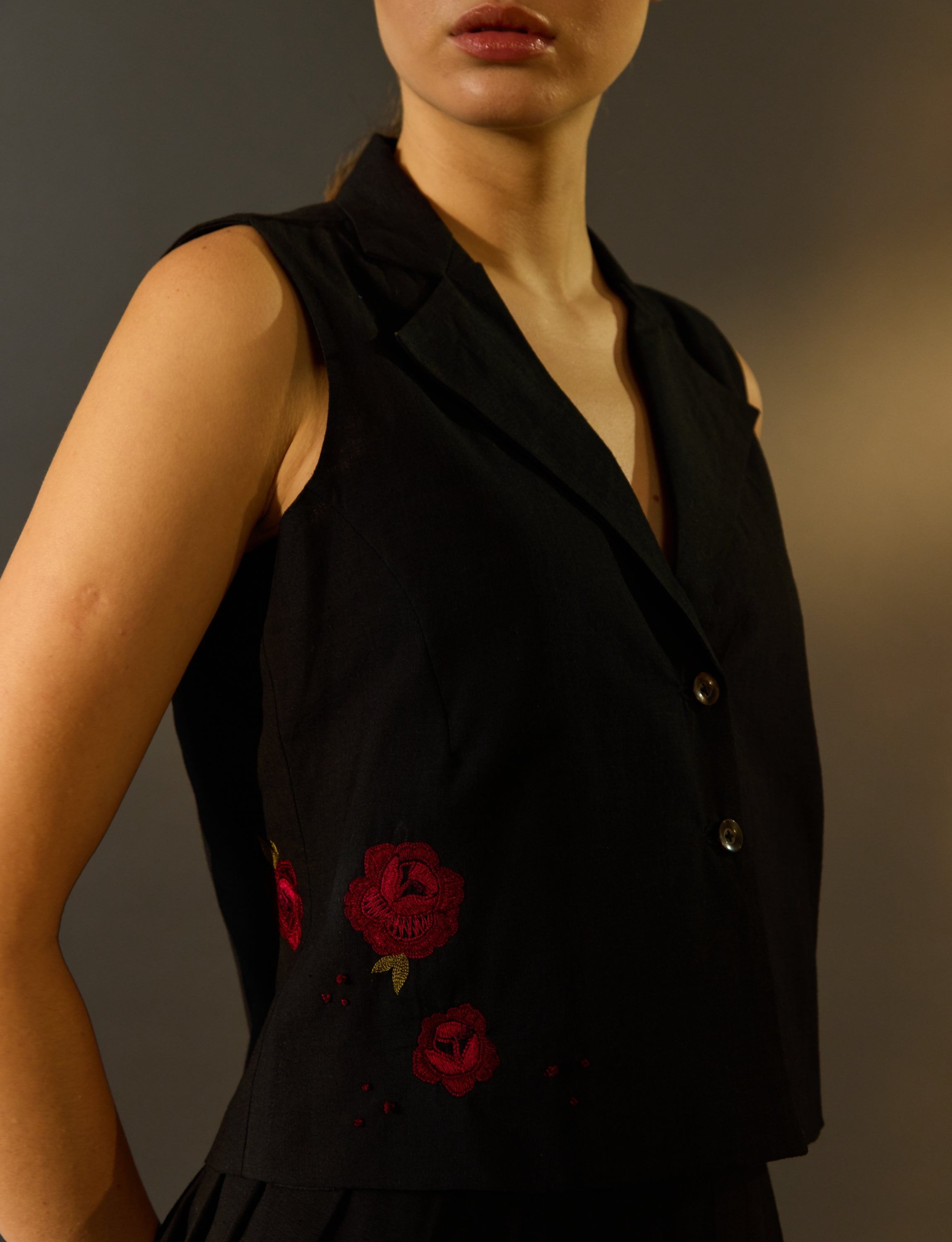 Black Embroidered Vest and Skirt Co-Ord Set