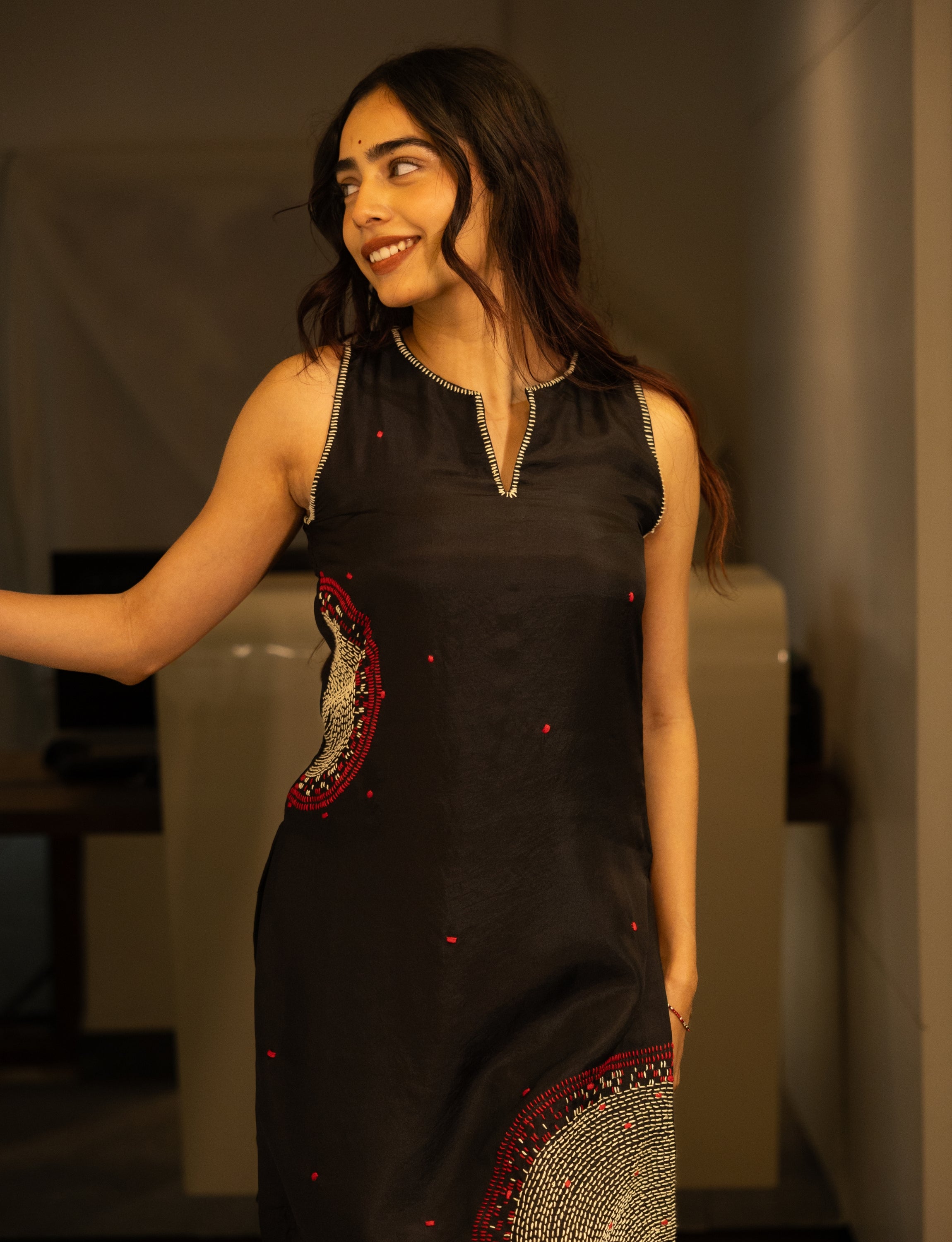 Black Silk Embroidered Short Kurta