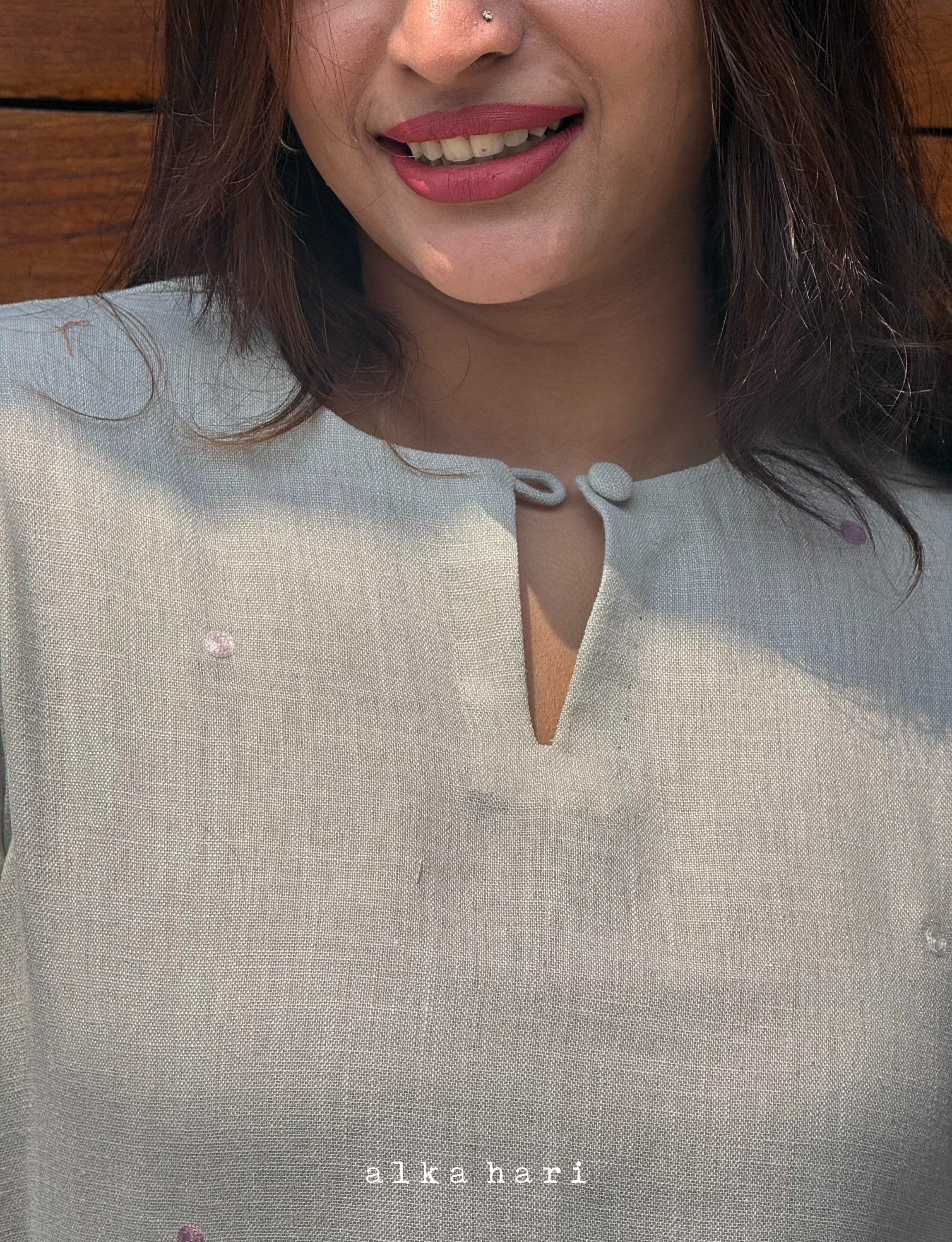 Light Grey Embroidered Linen Kurta