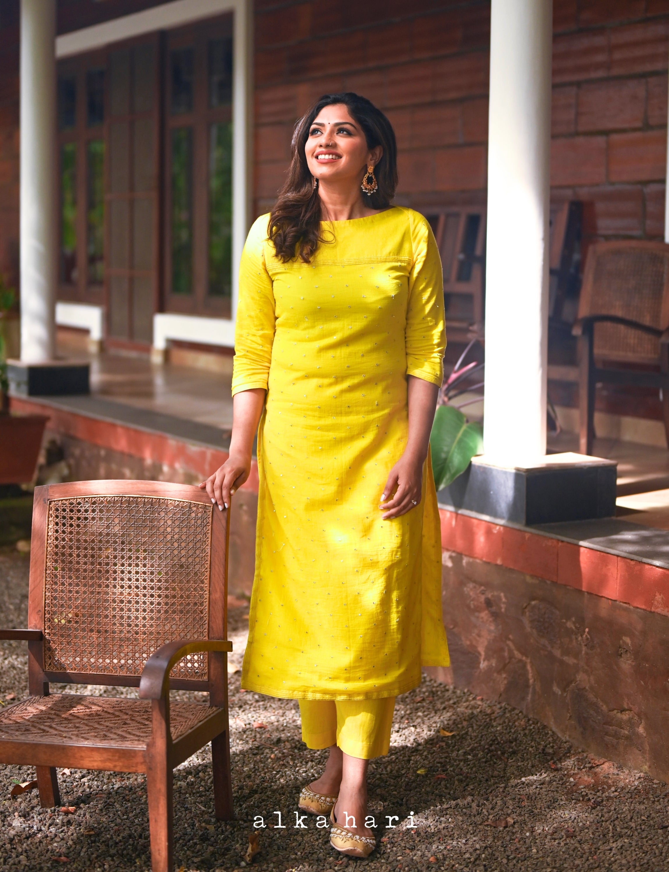 Bright yellow embroidered kurta