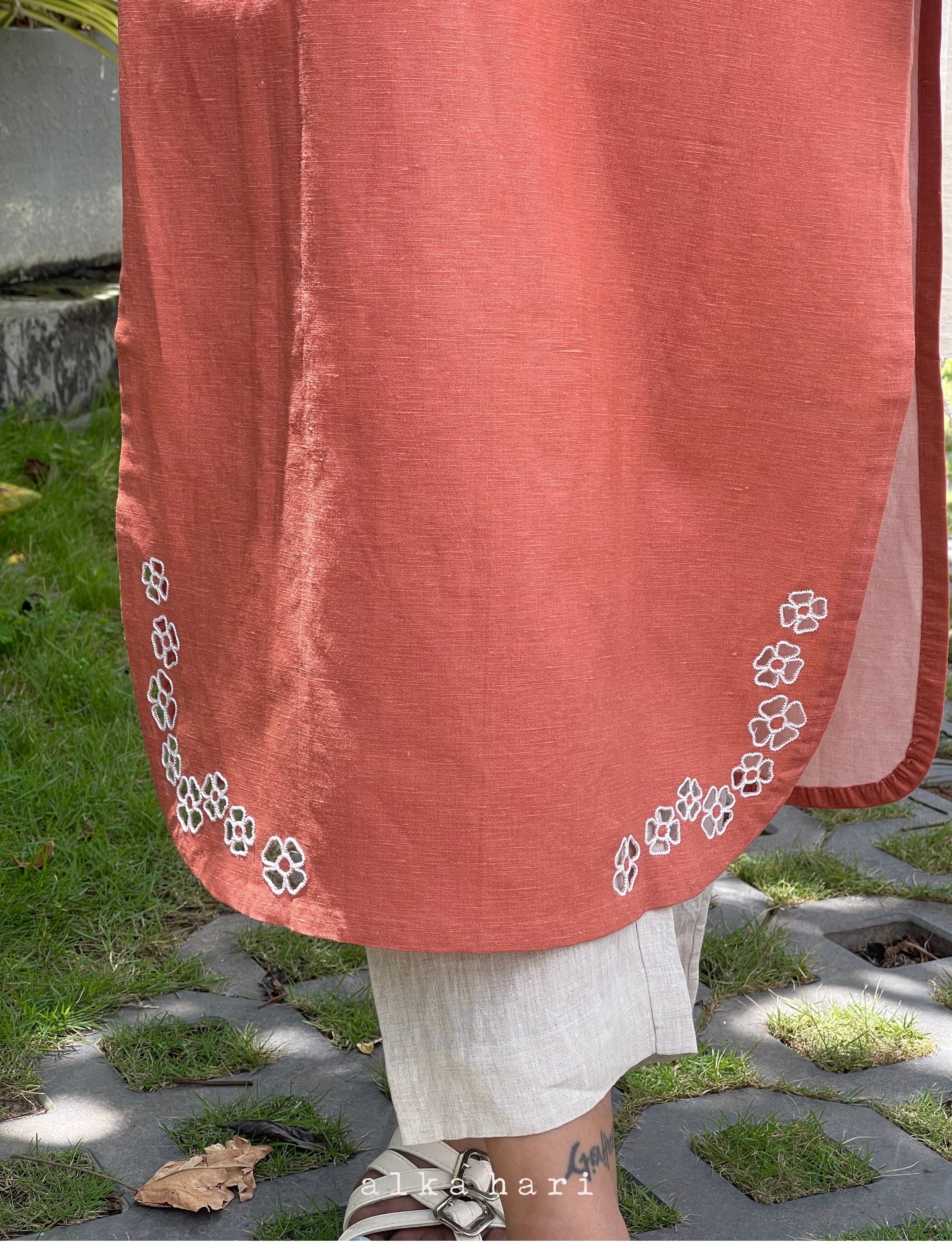 Orange Linen Cutwork Kurta