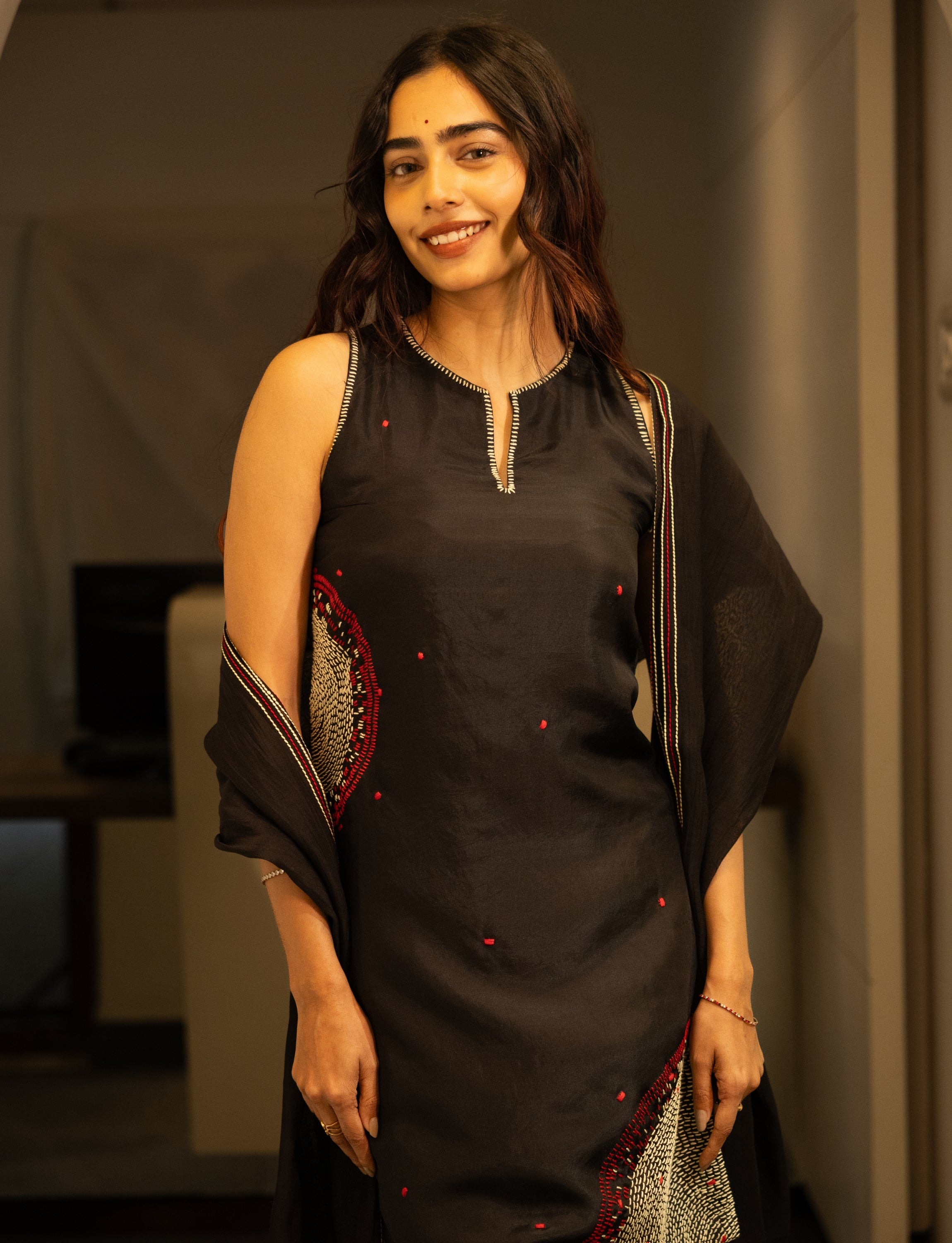 Black Silk Embroidered Short Kurta