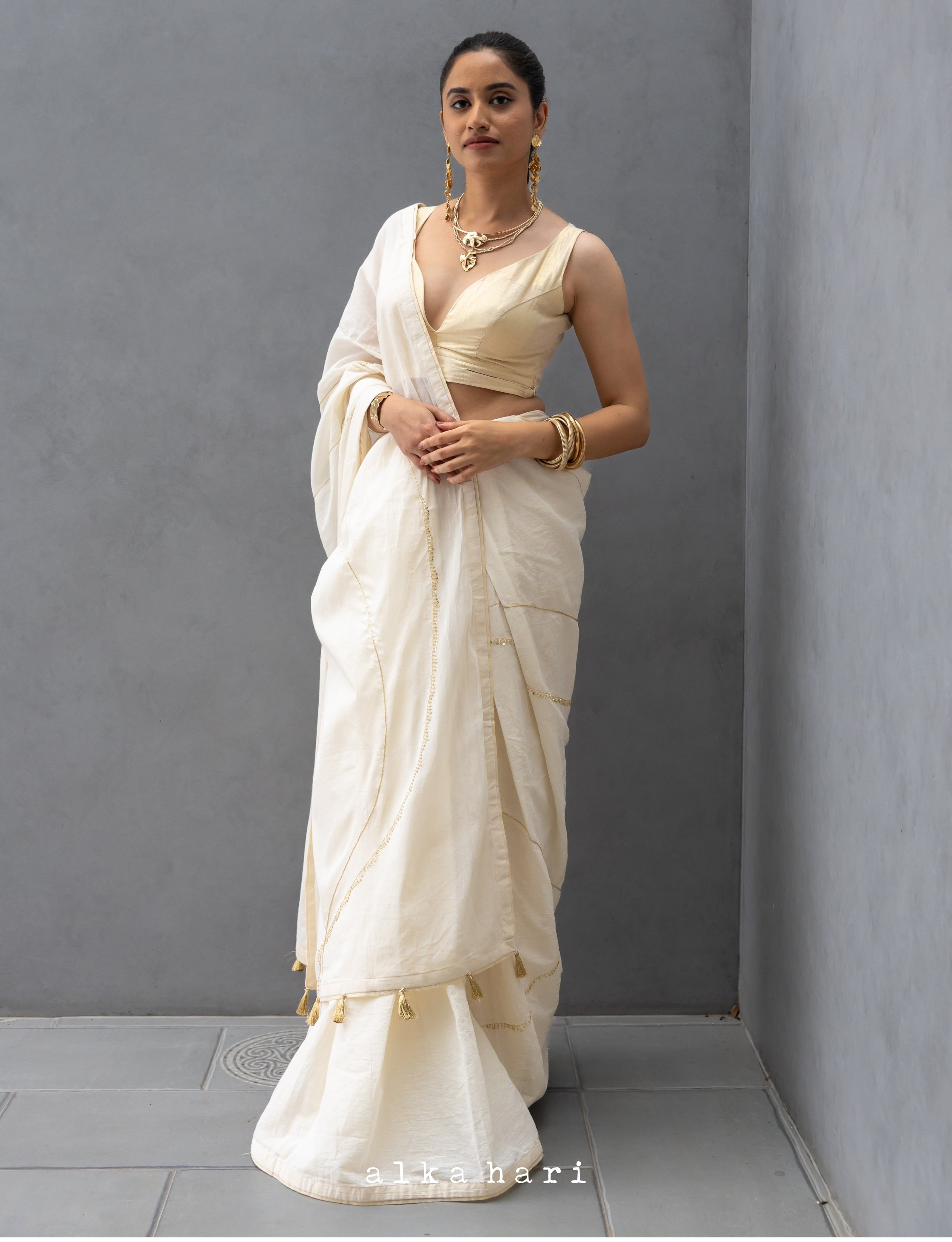 Half White Hand Embroidered Saree
