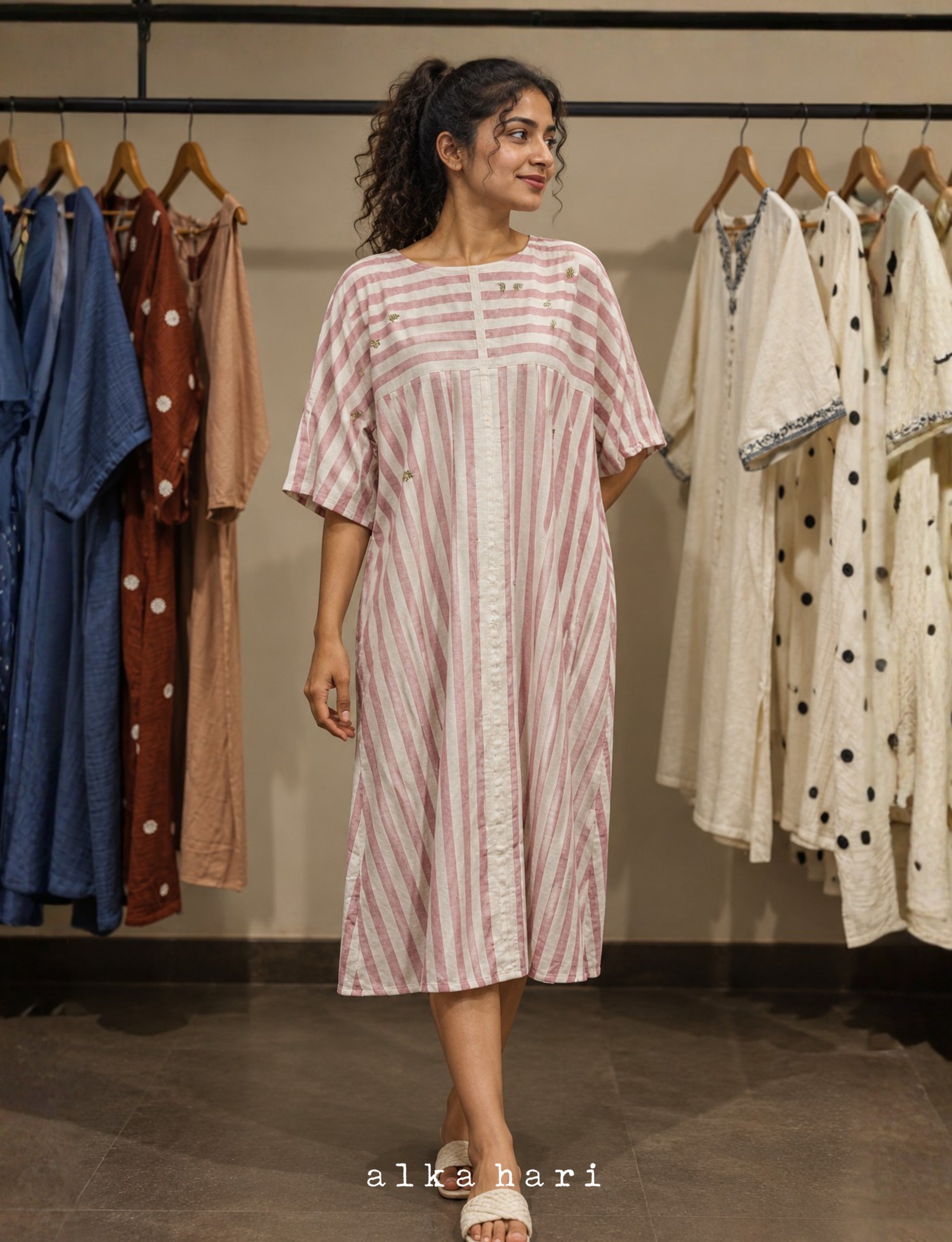 Pink Stripped Yoke Dress